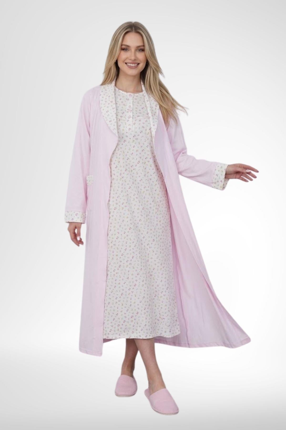 Mecit 6382 Pembe Kadın Uzun Sabahlıklı Uzun Kollu Gecelik Takım