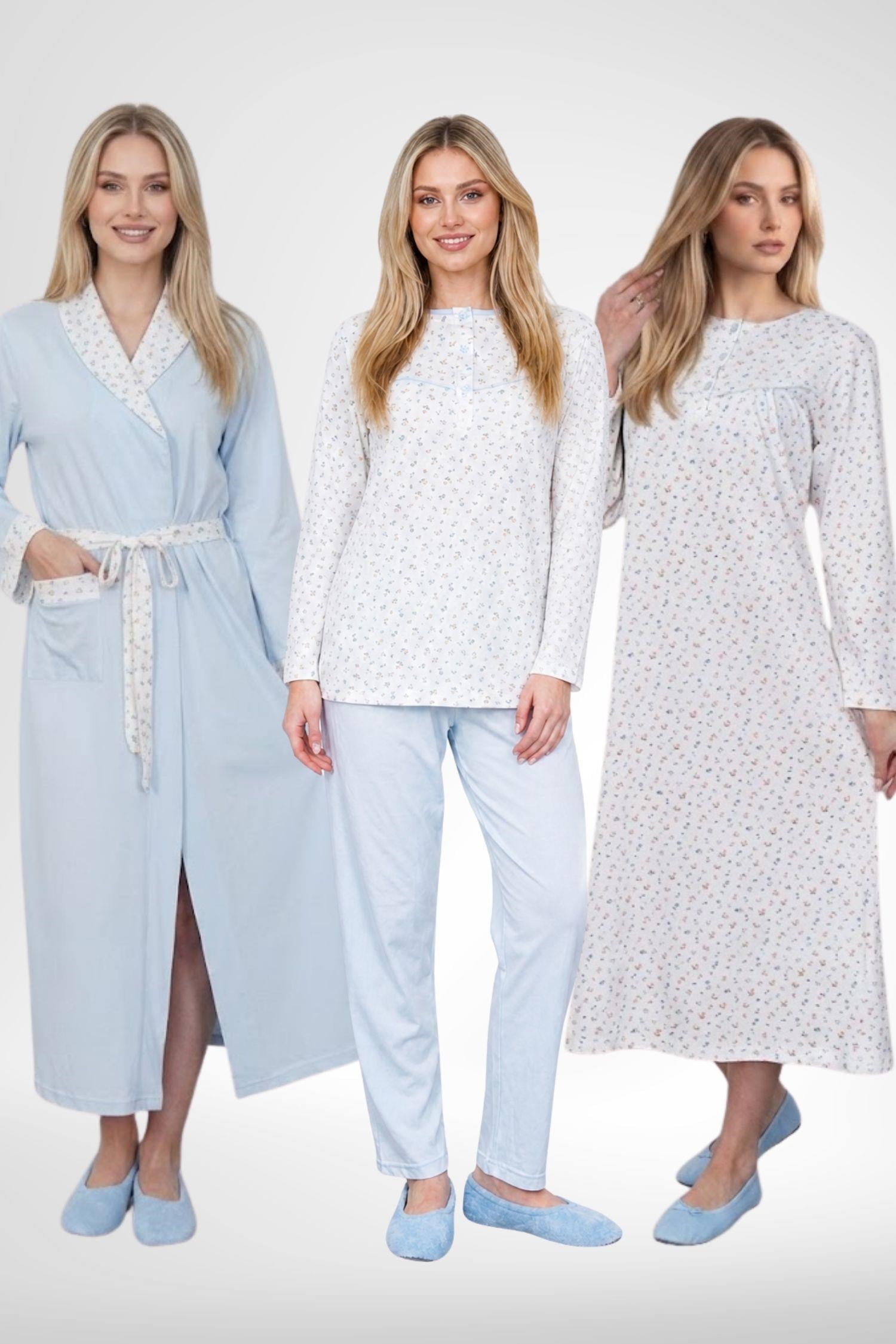 Mecit 6384 Mavi Büyük Beden Kadın Sabahlık Pijama ve Uzun Kollu Gecelik Set