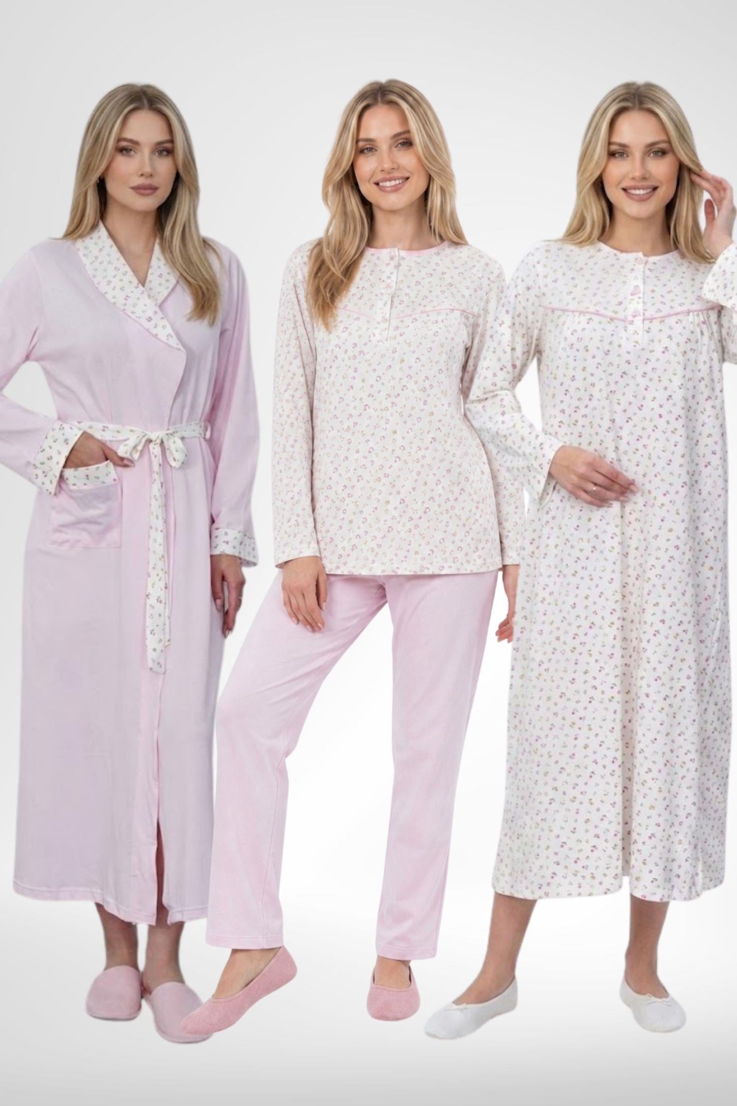 Mecit 6384 Pembe Büyük Beden Kadın Sabahlık Pijama ve Uzun Kollu Gecelik Set