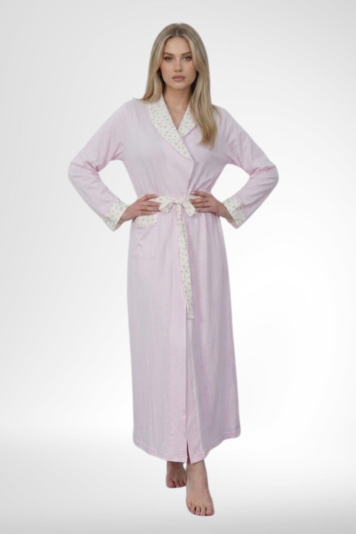 Mecit 6386 Pembe Büyük Beden Kadın Sabahlık Düğmeli Pijama ve Uzun Kollu Gecelik Set