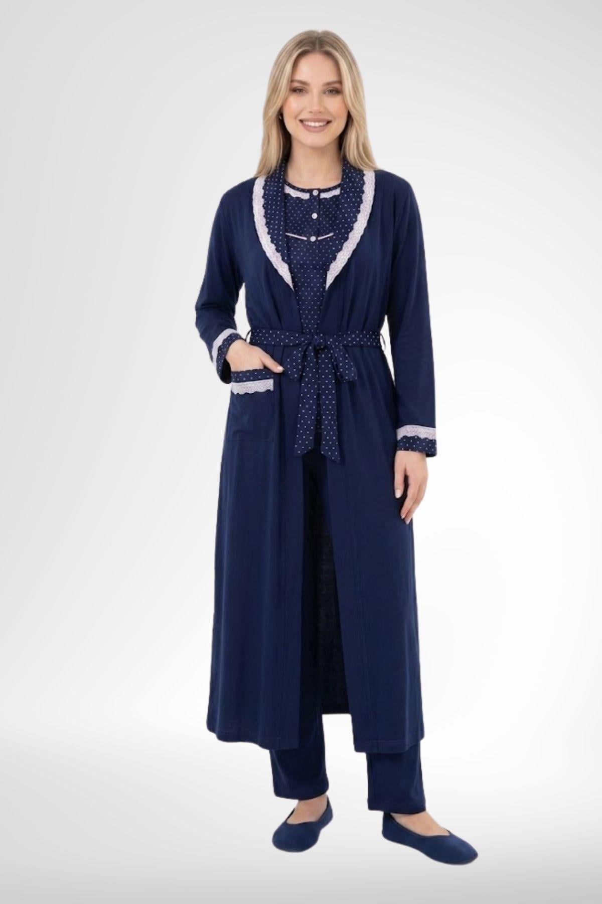 Mecit 6391 Lacivert %100 Pamuk Kadın Büyük Beden Uzun Sabahlıklı Pijama Takımı