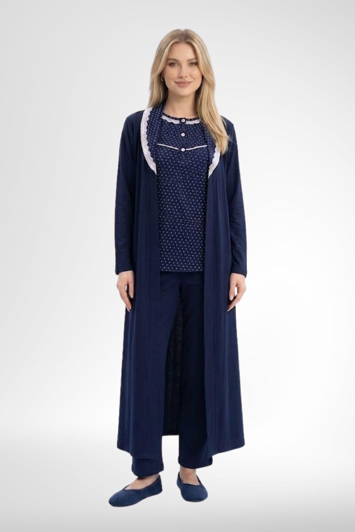 Mecit 6391 Lacivert %100 Pamuk Kadın Büyük Beden Uzun Sabahlıklı Pijama Takımı