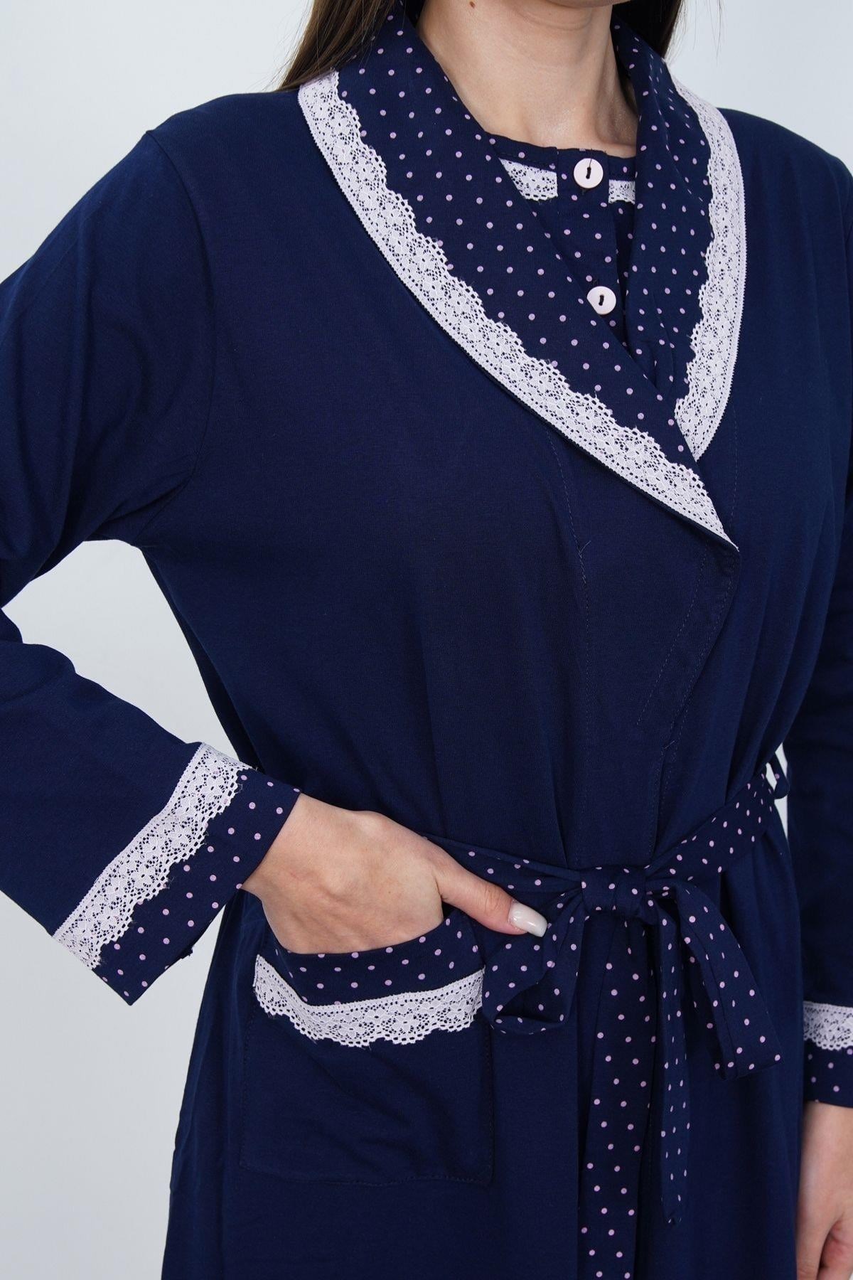 Mecit 6391 Lacivert %100 Pamuk Kadın Büyük Beden Uzun Sabahlıklı Pijama Takımı