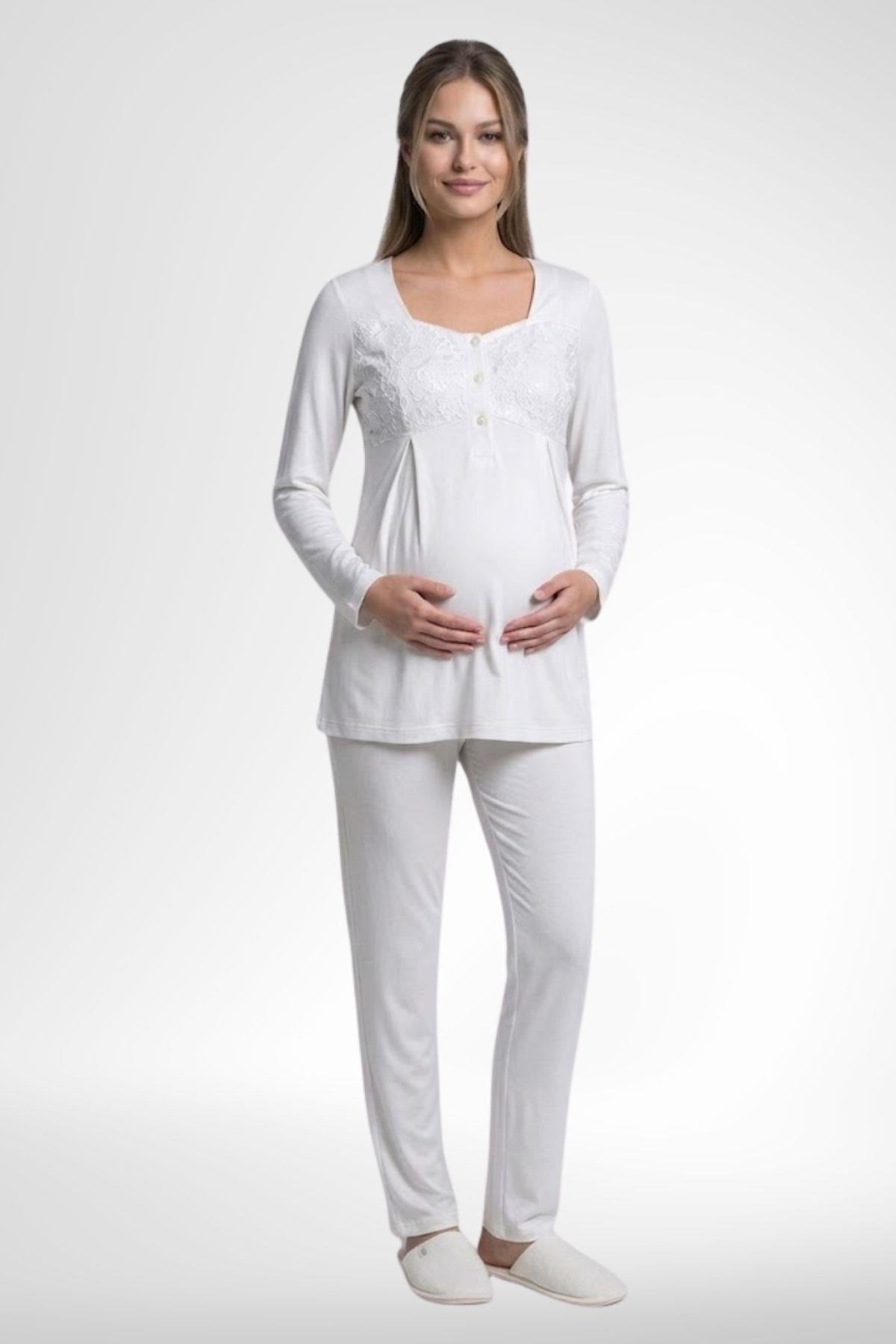 Mecit 6402 Elegant Ekru Dantel Pelerinli Lohusa Pijama Takımı