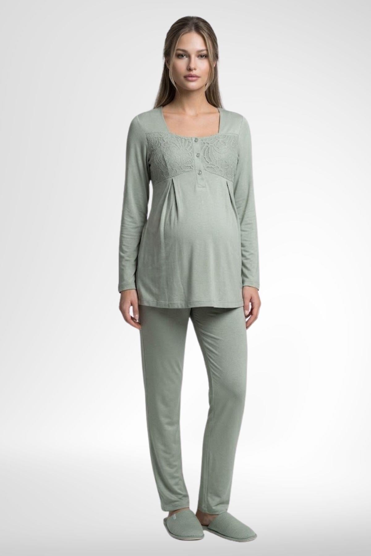 Mecit 6402 Elegant Yeşil Dantel Pelerinli Lohusa Pijama Takımı