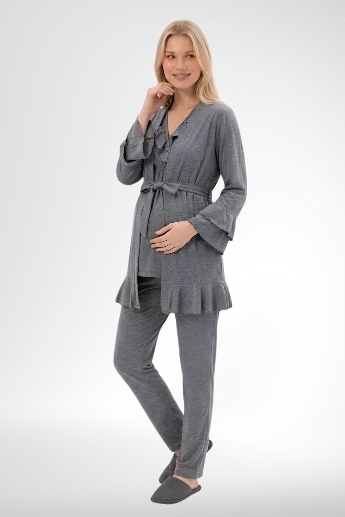 Mecit 6403 Füme Sabahlıklı Lohusa Pijama Takımı