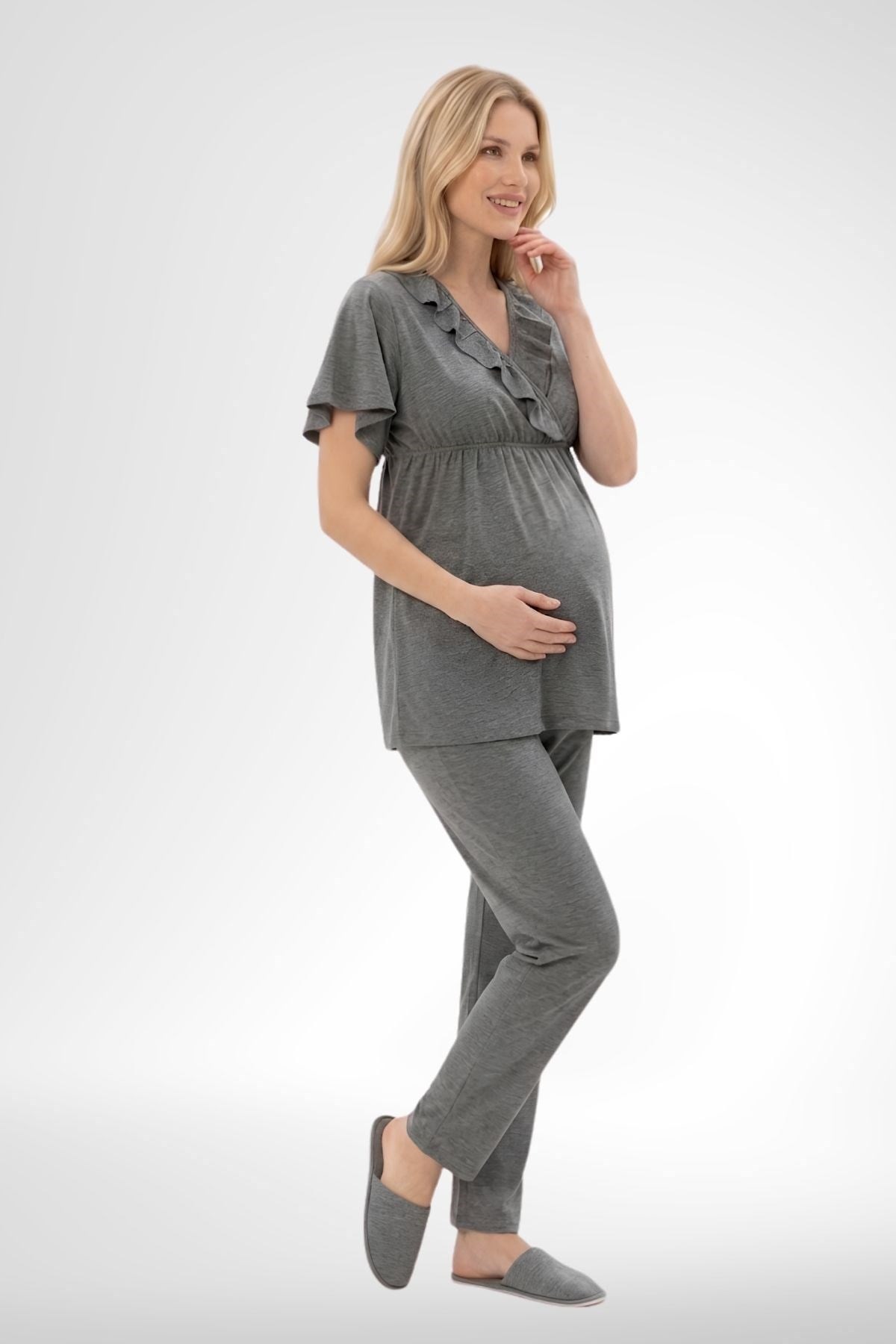Mecit 6403 Füme Sabahlıklı Lohusa Pijama Takımı