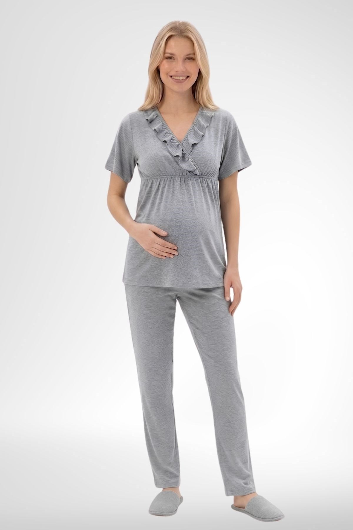 Mecit 6403 Gri Sabahlıklı Lohusa Pijama Takımı