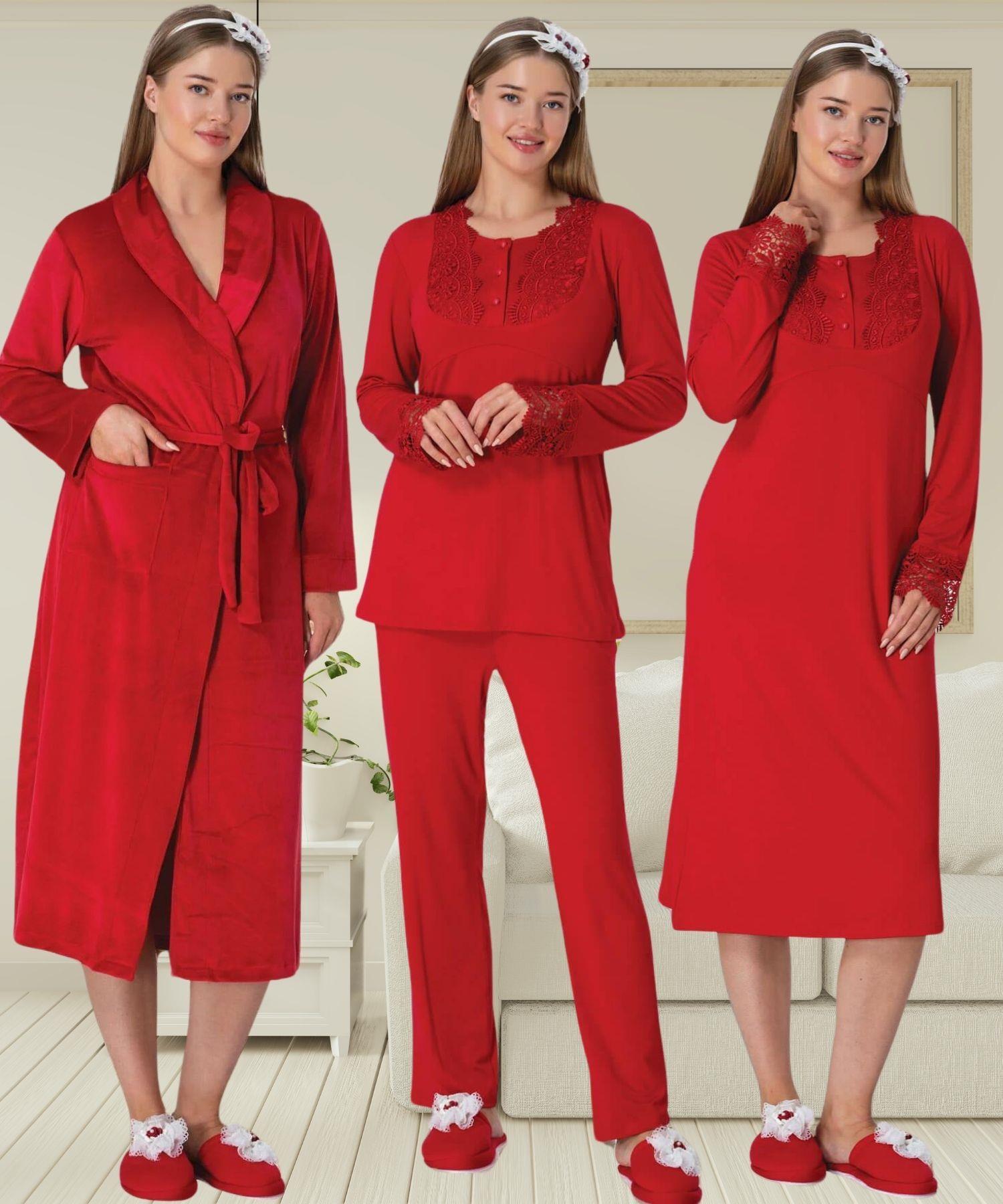 Mecit 6500 Kırmızı Kadife Sabahlıklı Gecelik Pijama Lohusa Set