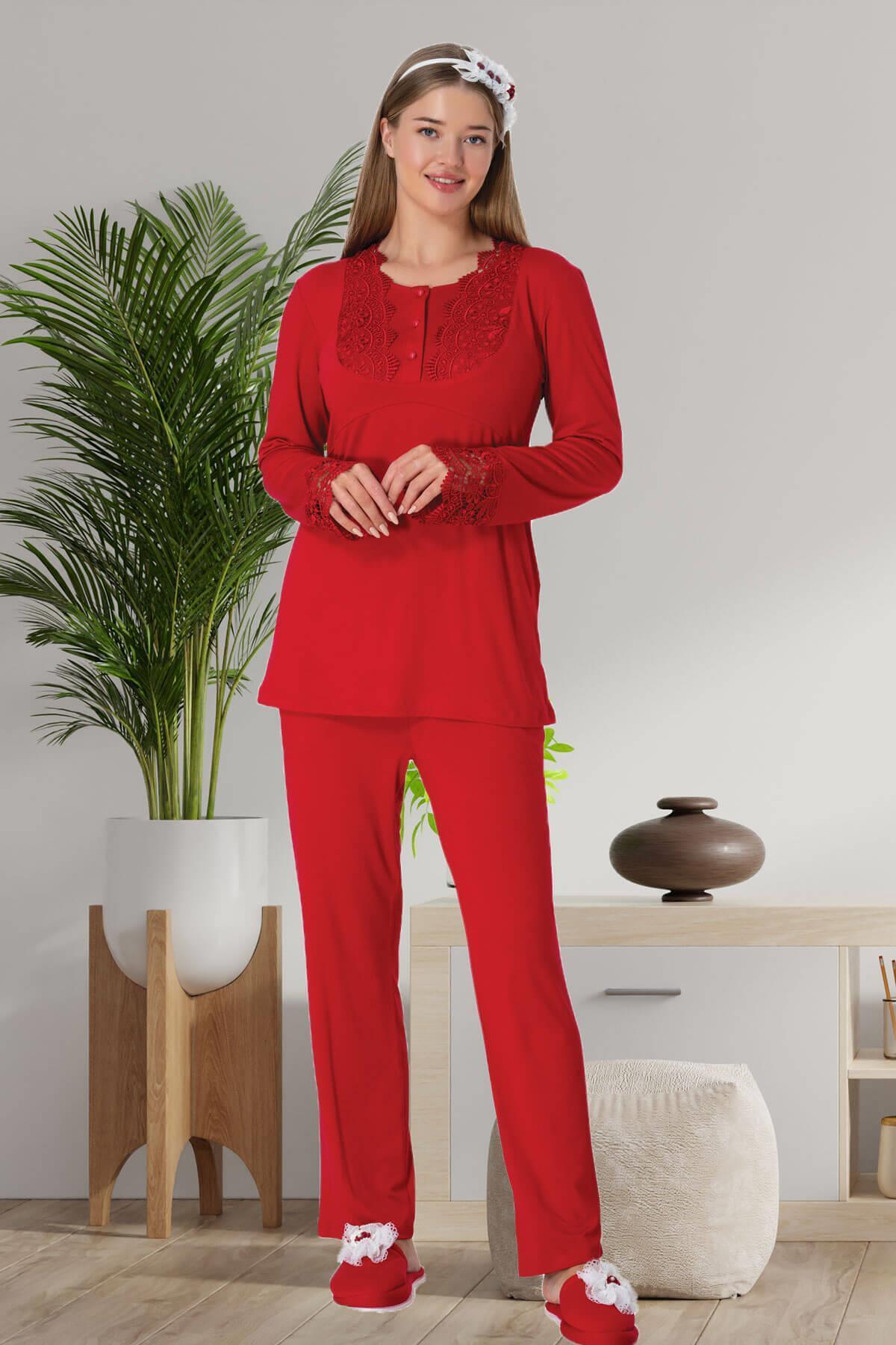 Mecit 6500 Kırmızı Kadife Sabahlıklı Gecelik Pijama Lohusa Set