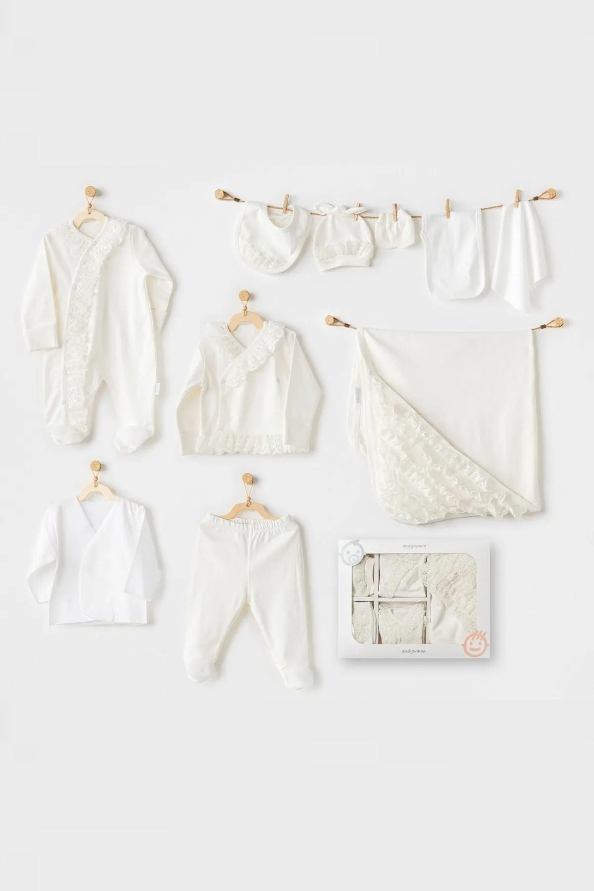 Andywawa 24261  Ekru Chic Girl Dantelli Kız Bebek 10 Lu Hastane Çıkış Seti-EkruKız Bebek 10'lu SetAndywawa