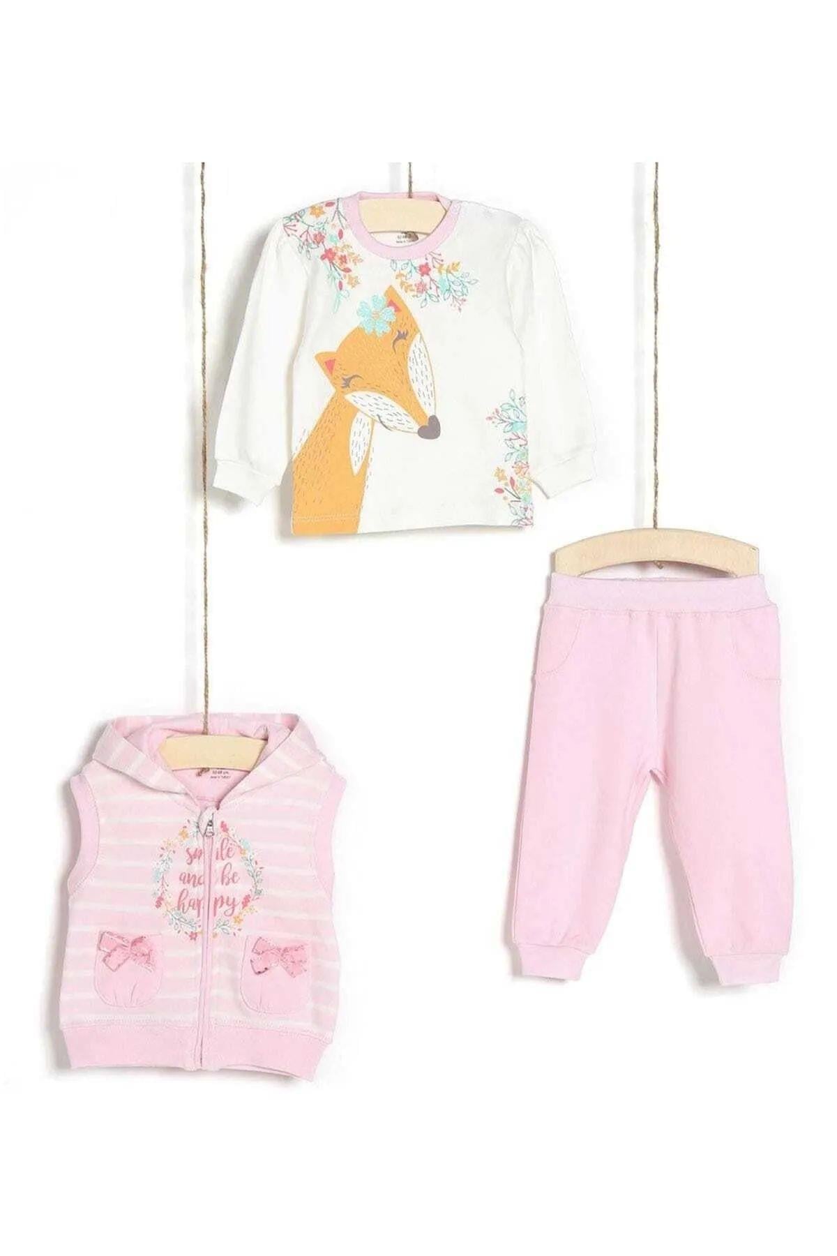 Aziz Bebe 3106 Kız Bebek Pamuklu Sweatshirt Pantolon Yelek 3lü Takım