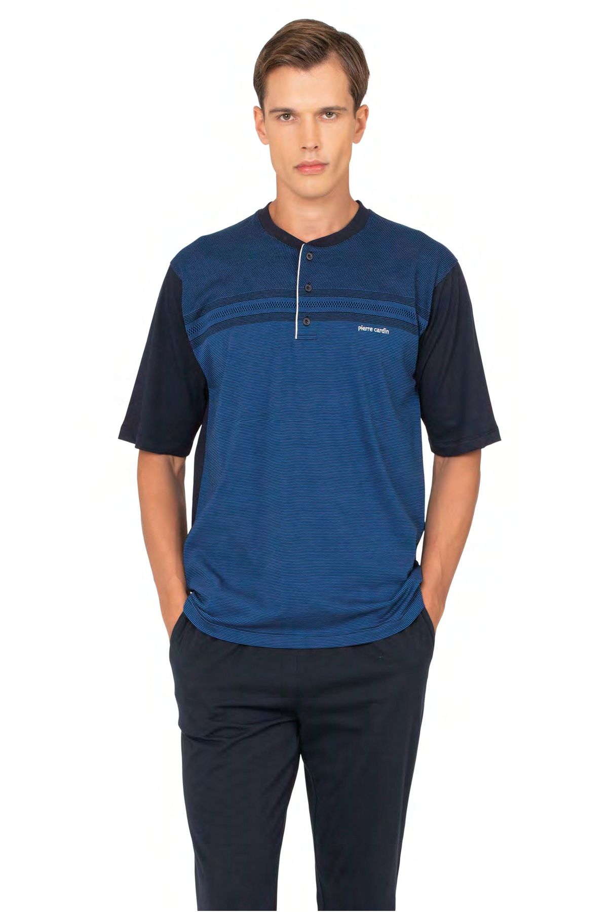 	Pierre Cardin 6133 Erkek Lacıvert Kısa Kollu Yarım Pat Jakarlı 3Lü Pijama Takımı