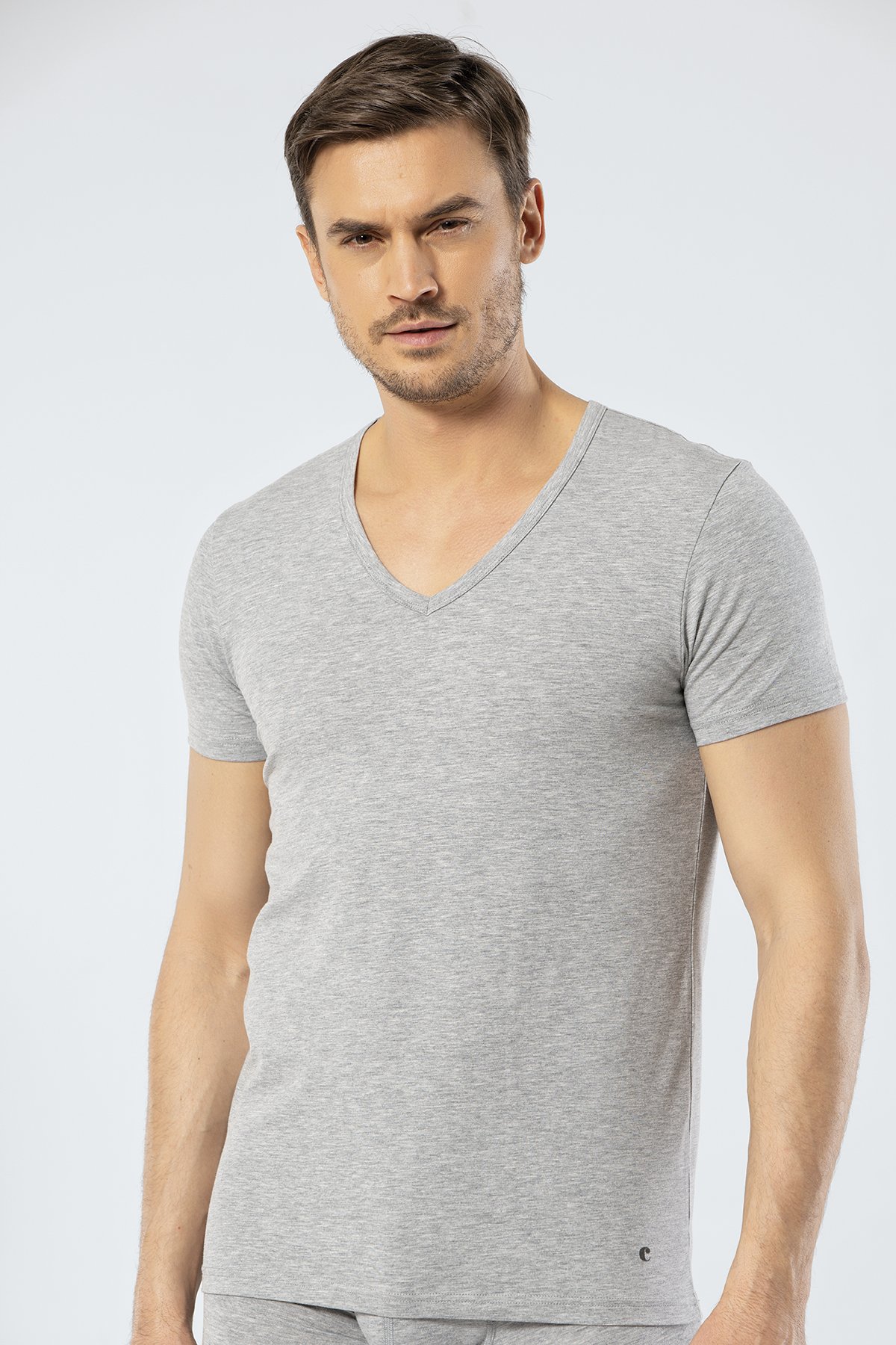 Cacharel 1306 Gri Melanj Erkek V Yaka Kısa Kollu T-Shirt