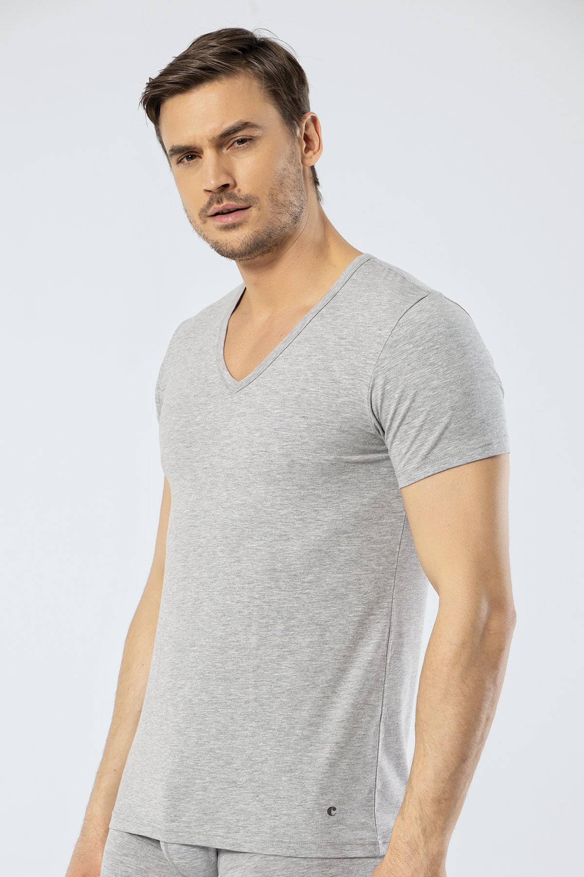 Cacharel 1306 Gri Melanj Erkek V Yaka Kısa Kollu T-Shirt