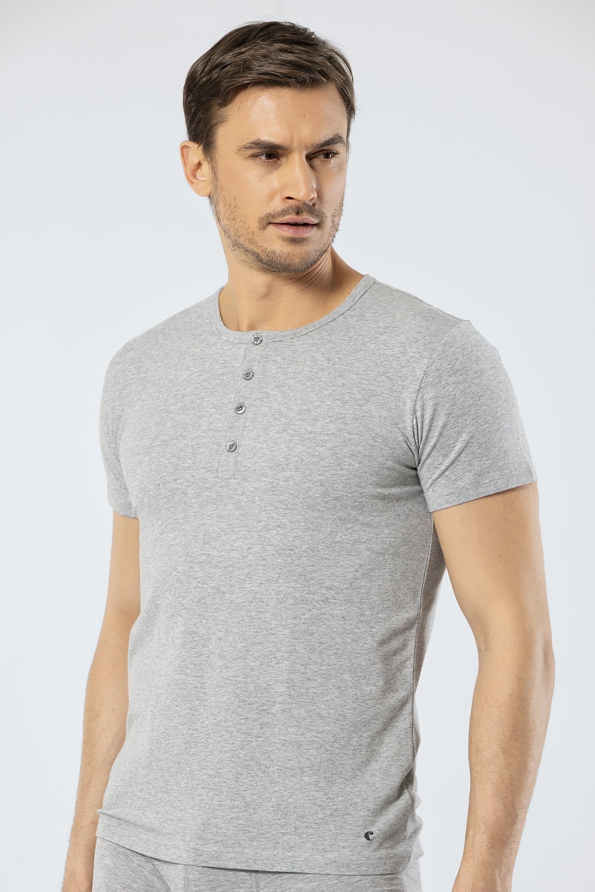 Cacharel 1308 Gri Melanj Erkek Düğmeli Kısa Kollu T-Shirt