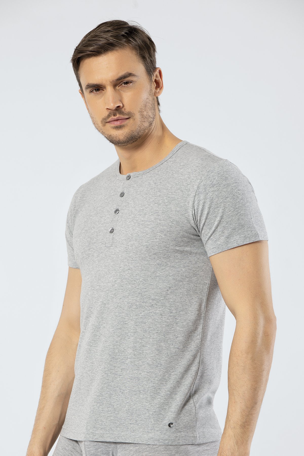 Cacharel 1308 Gri Melanj Erkek Düğmeli Kısa Kollu T-Shirt