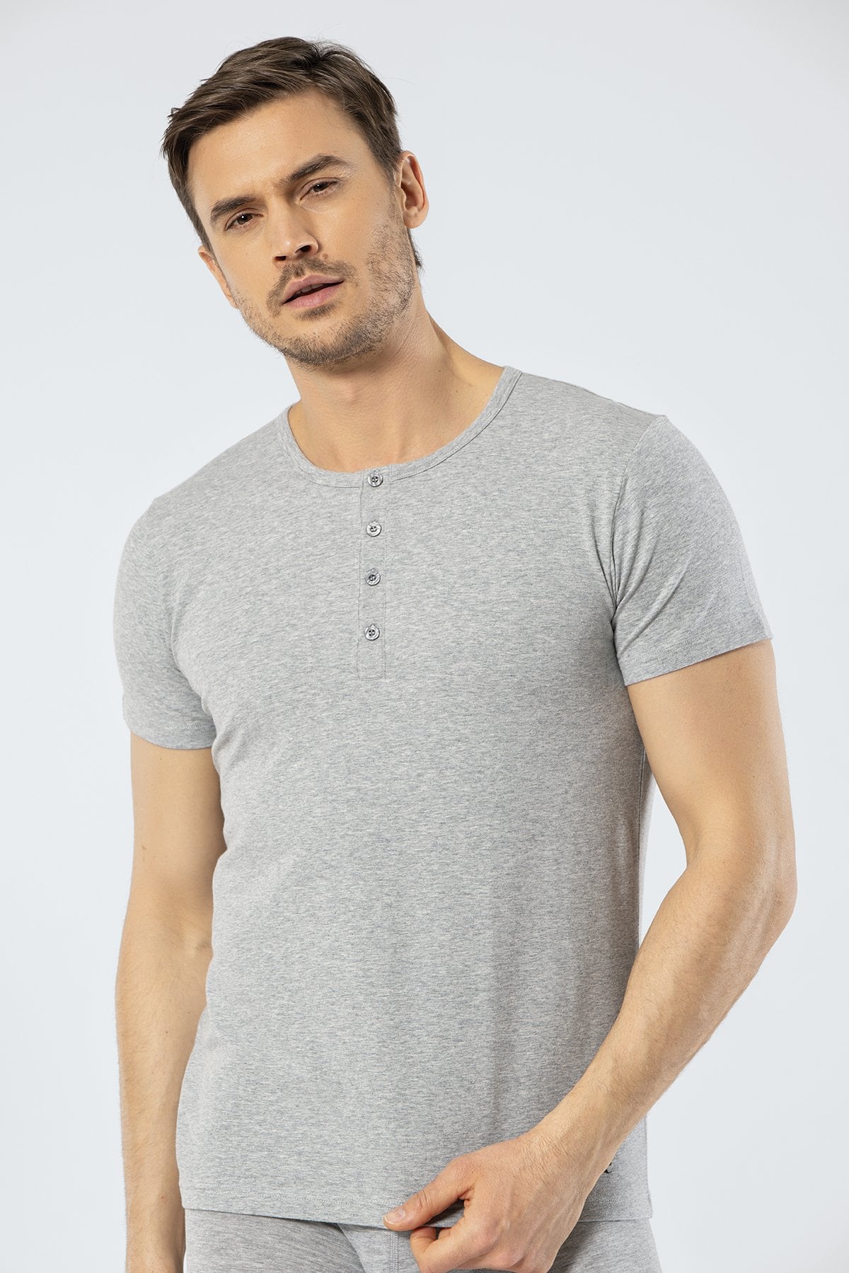 Cacharel 1308 Gri Melanj Erkek Düğmeli Kısa Kollu T-Shirt