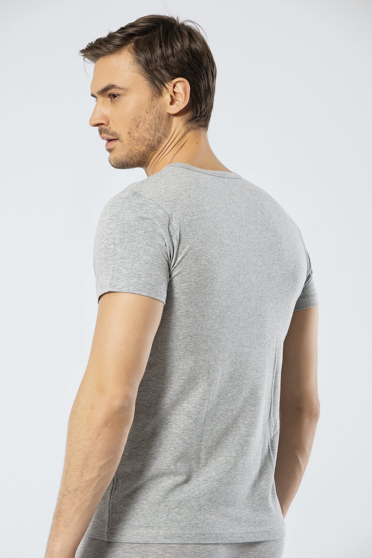 Cacharel 1308 Gri Melanj Erkek Düğmeli Kısa Kollu T-Shirt