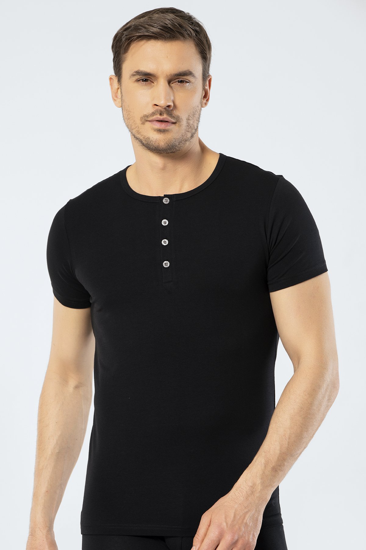 Cacharel 1308 Siyah Erkek Düğmeli Kısa Kollu T-Shirt