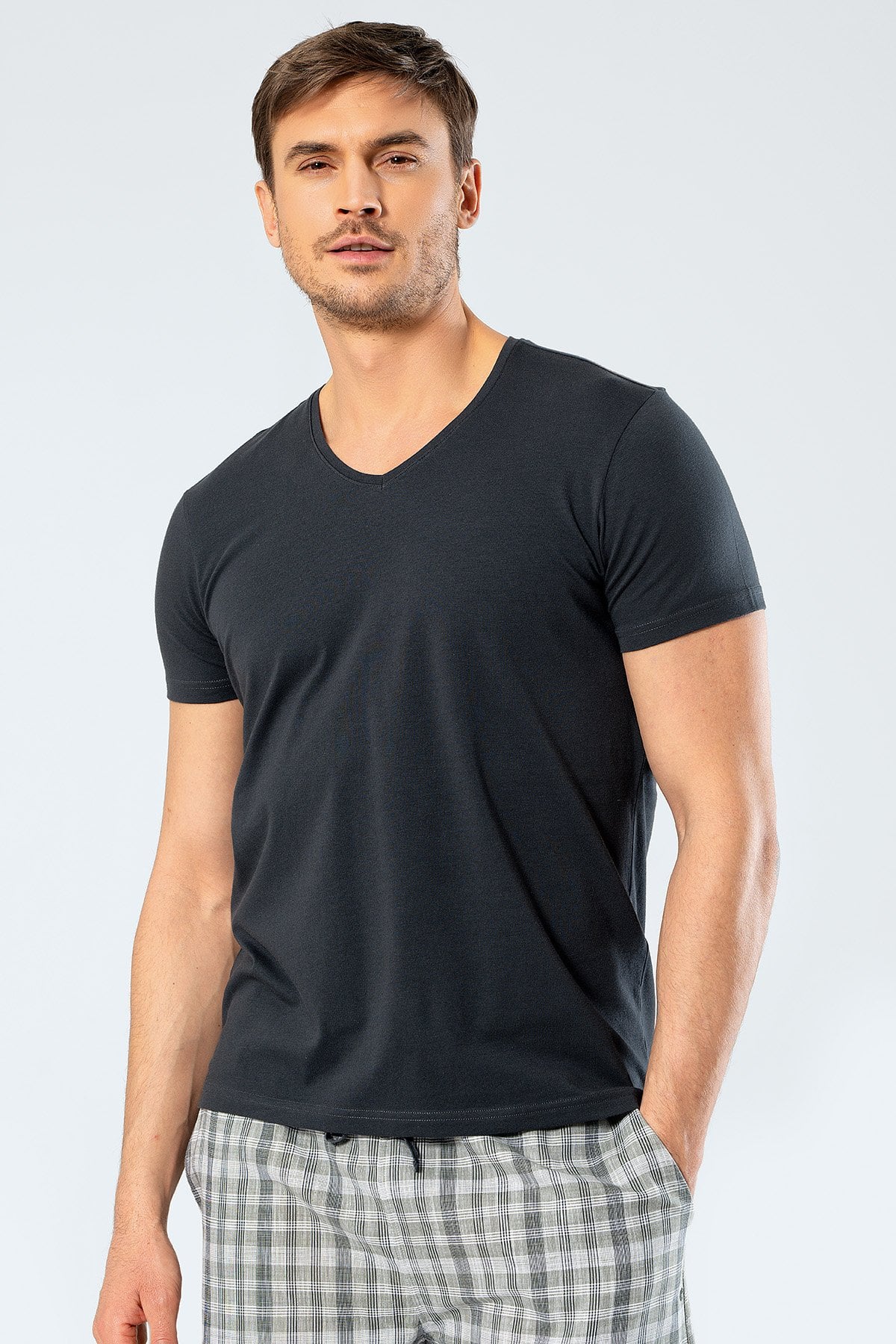 Cacharel 1332 Olive Erkek V Yaka Likralı Kısa Kollu T-Shirt