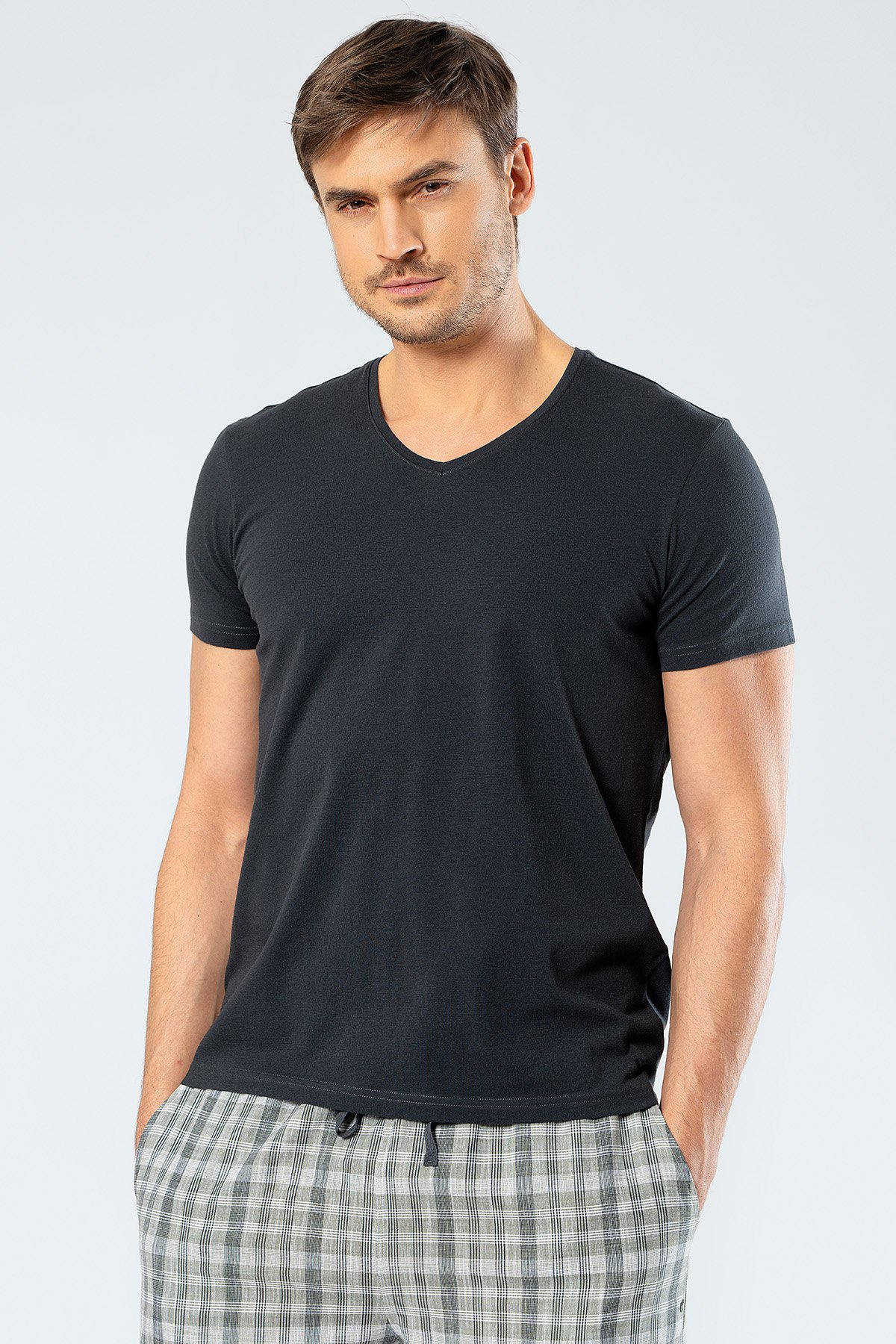 Cacharel 1332 Olive Erkek V Yaka Likralı Kısa Kollu T-Shirt