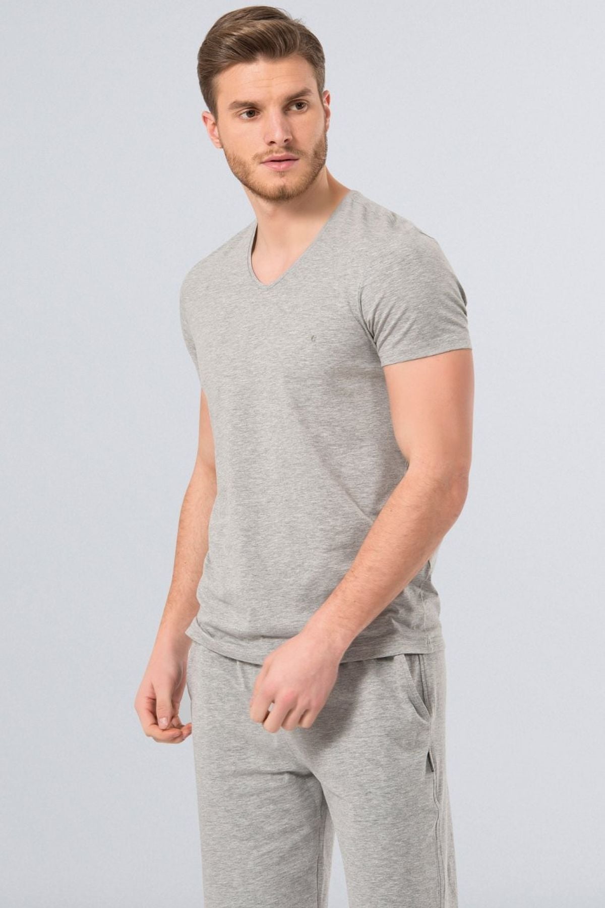 Cacharel 2170 Gri Melanj Erkek Modal V Yaka Slim Fit T-ShirtT-ShirtCacharel