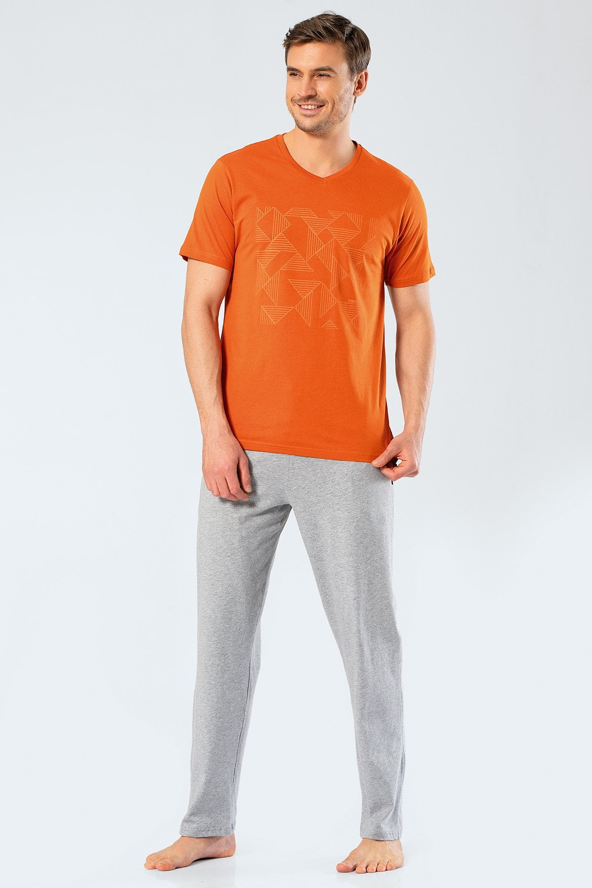 Cacharel 2198 Kiremit Erkek Baskılı V Yaka Pantolon Pijama Takımı