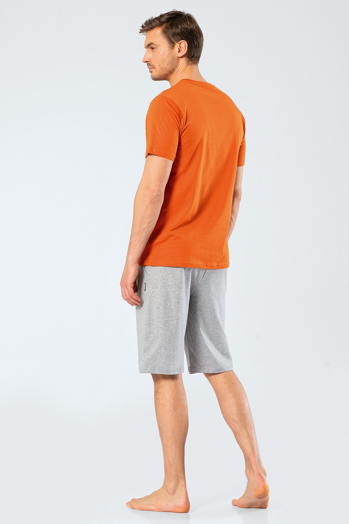 Cacharel 2199 Kiremit Erkek Baskılı V Yaka Bermuda Şort Pijama Takım