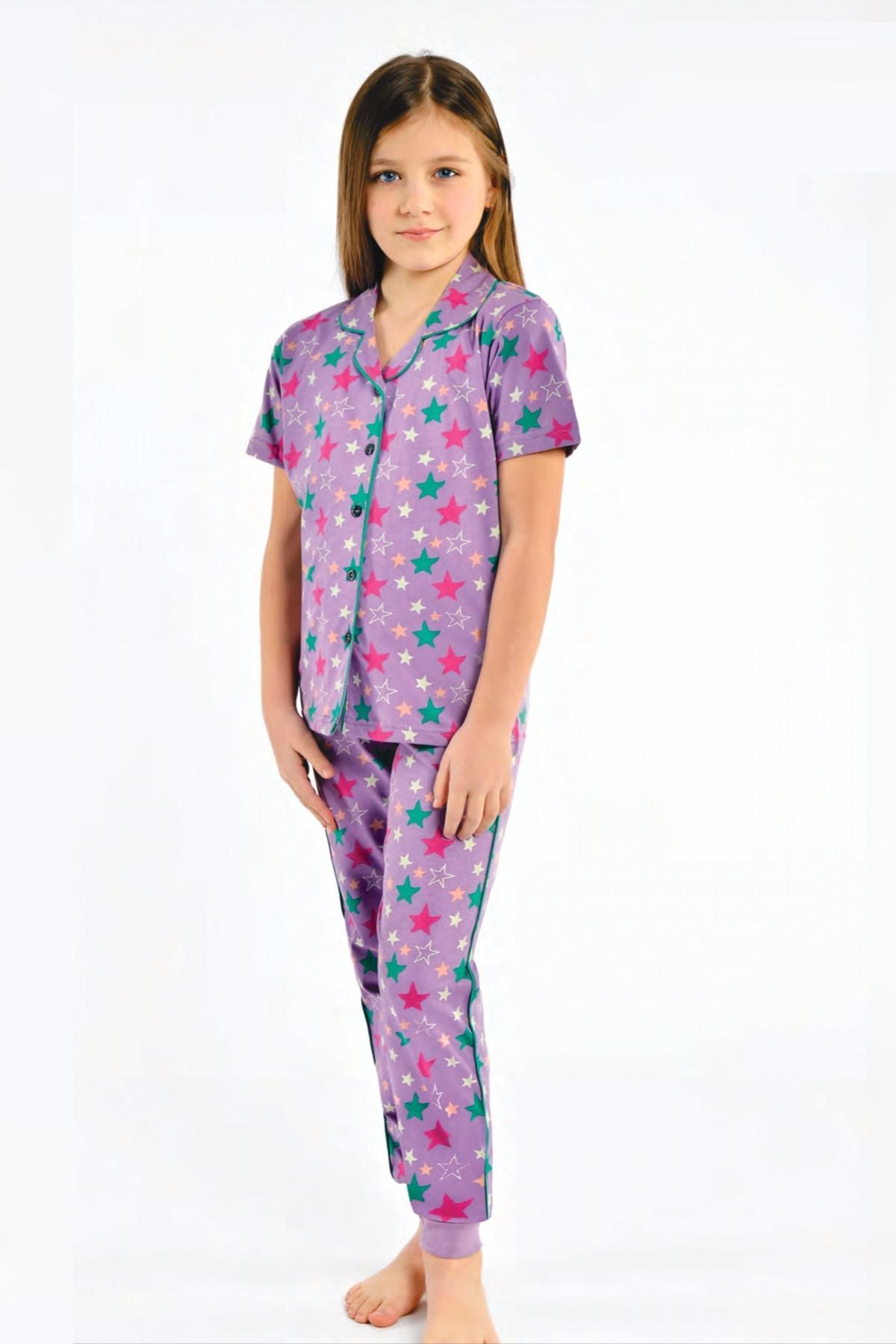 Ersoy Çocuk 511 Kız Çocuk Desenlı Kısa Kollu Boydan Patlı Pijama TakımıKız Çocuk PijamaErsoy Çocuk