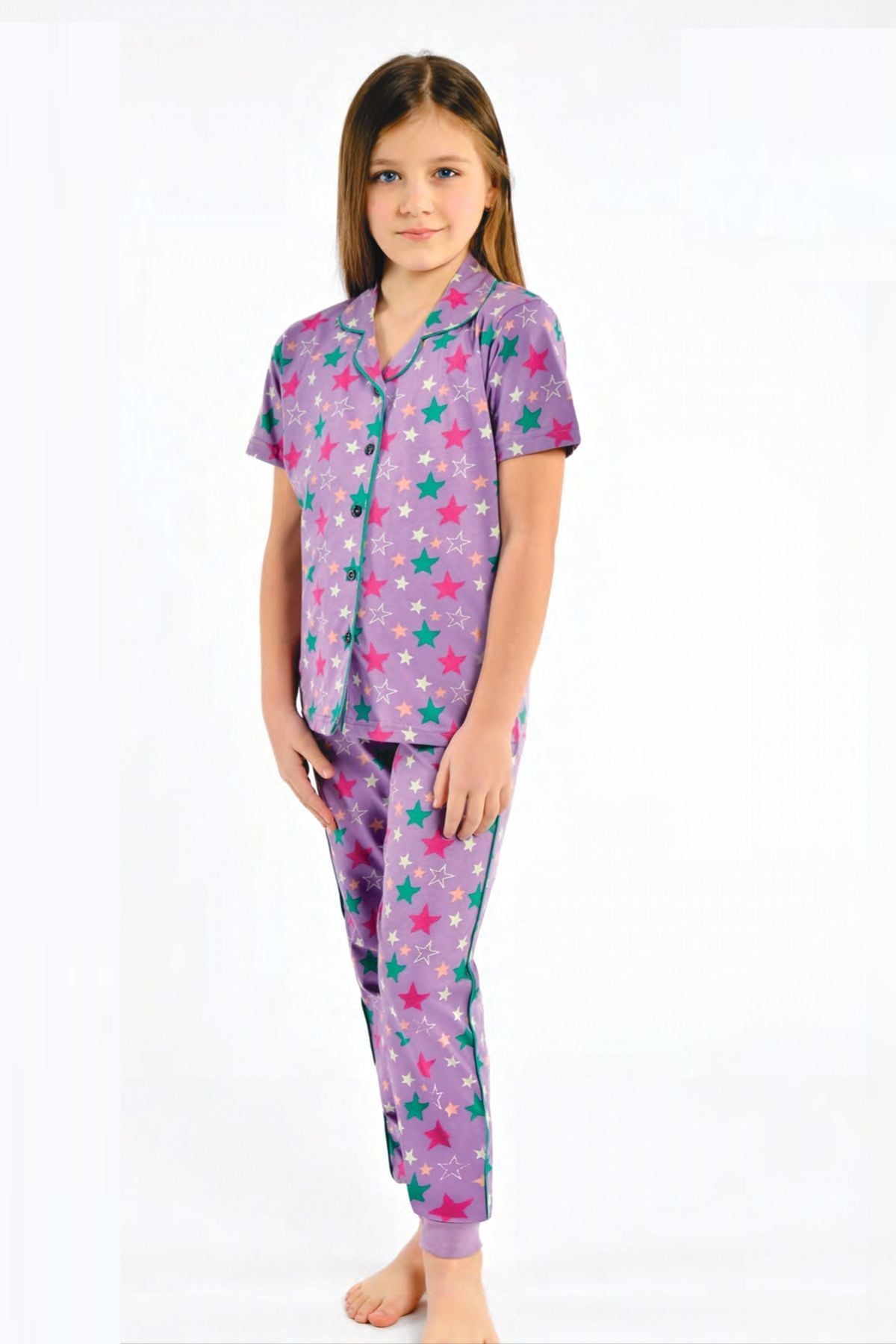 Ersoy Çocuk 511G Kız Çocuk Desenlı Kısa Kollu Boydan Patlı Garson Pijama TakımıKız Çocuk PijamaErsoy Çocuk