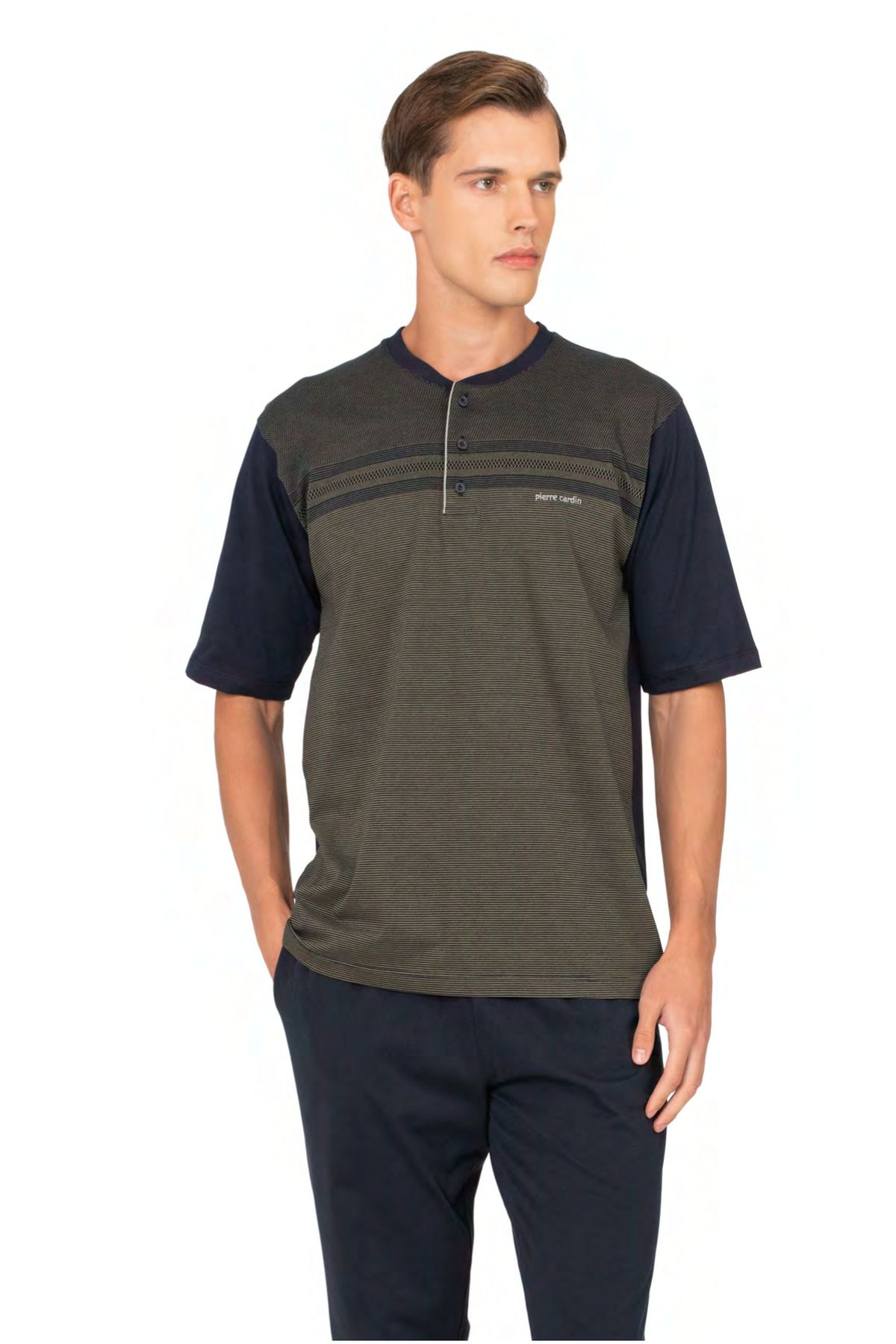 	Pierre Cardin 6133 Erkek Hakı Kısa Kollu Yarım Pat Jakarlı 3Lü Pijama Takımı