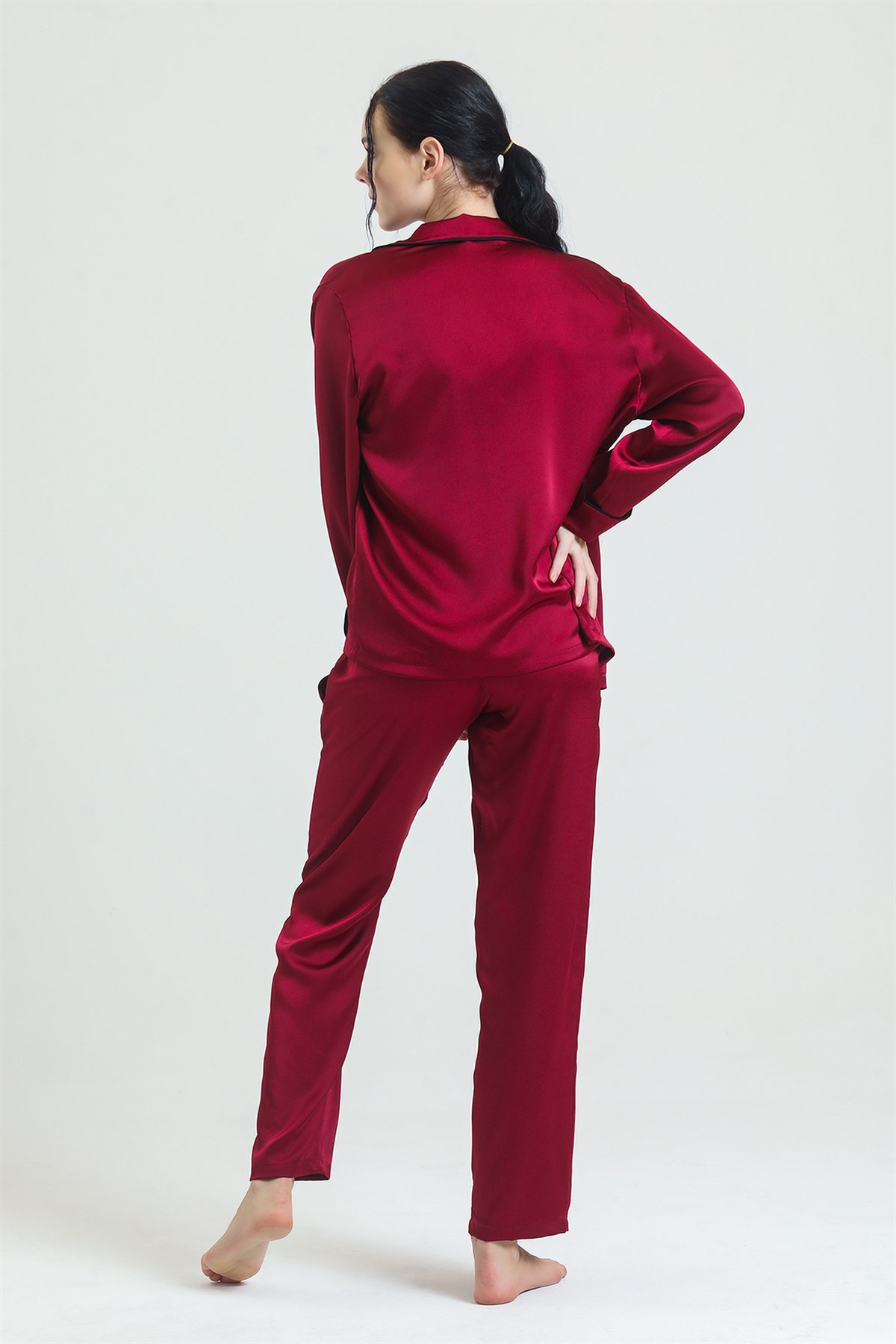 Magic Form 19718 Kadın Bordo Gömlek Yaka Biyeli Cepli Saten Pijama Takım