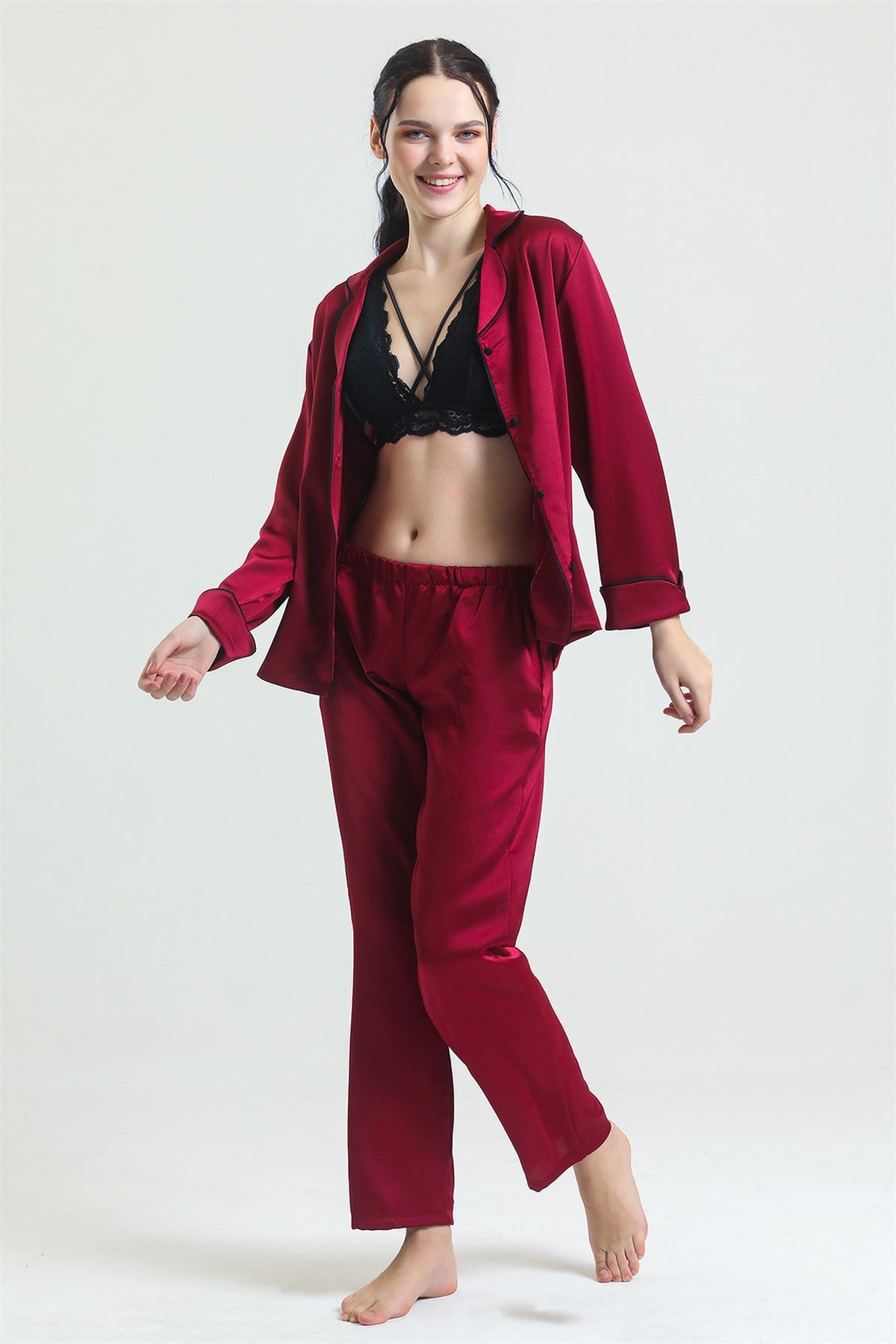 Magic Form 19718 Kadın Bordo Gömlek Yaka Biyeli Cepli Saten Pijama Takım