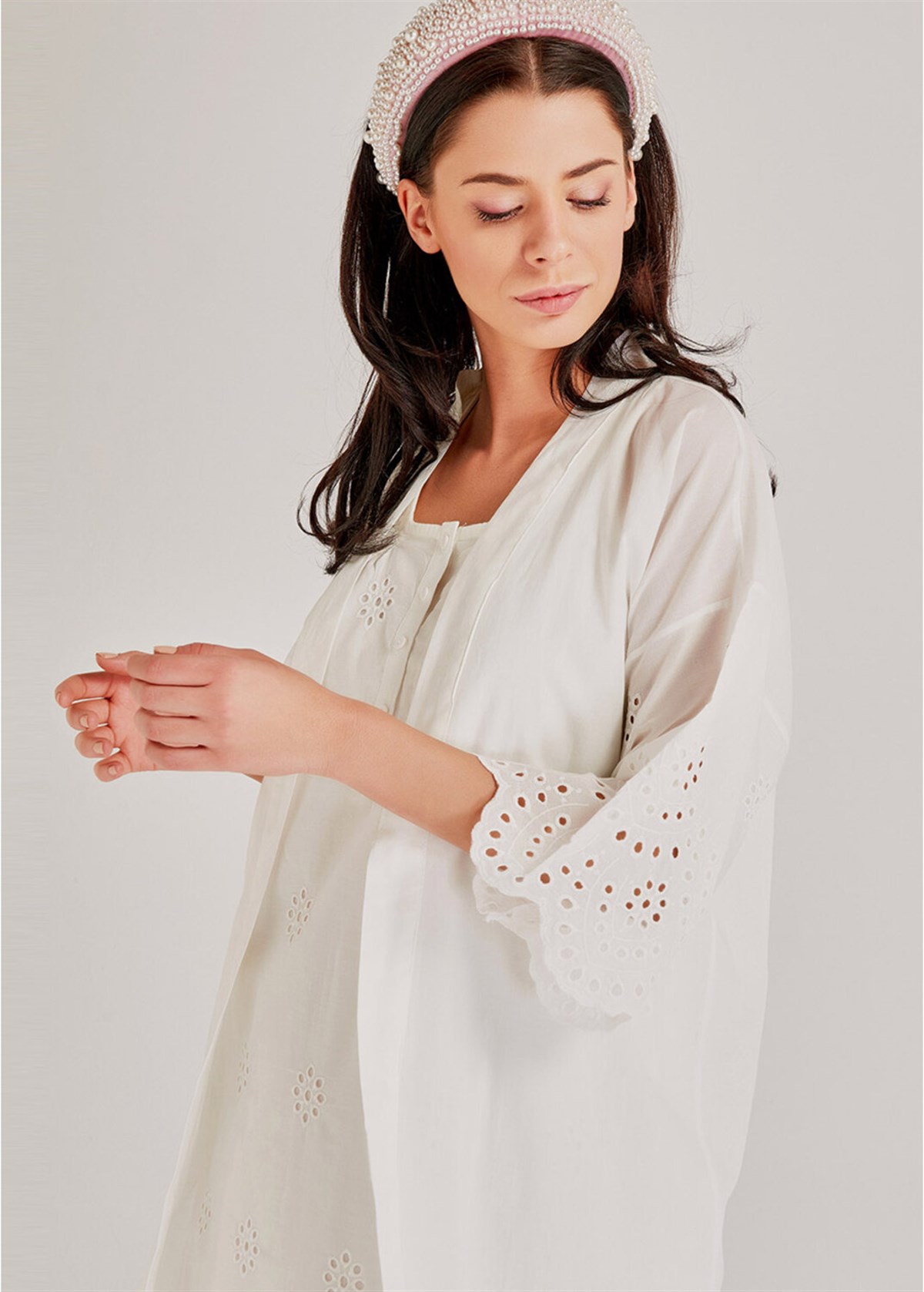 Magic Form 30108 Ekru Sabahlıklı Hamile Lohusa Gecelik Takımı