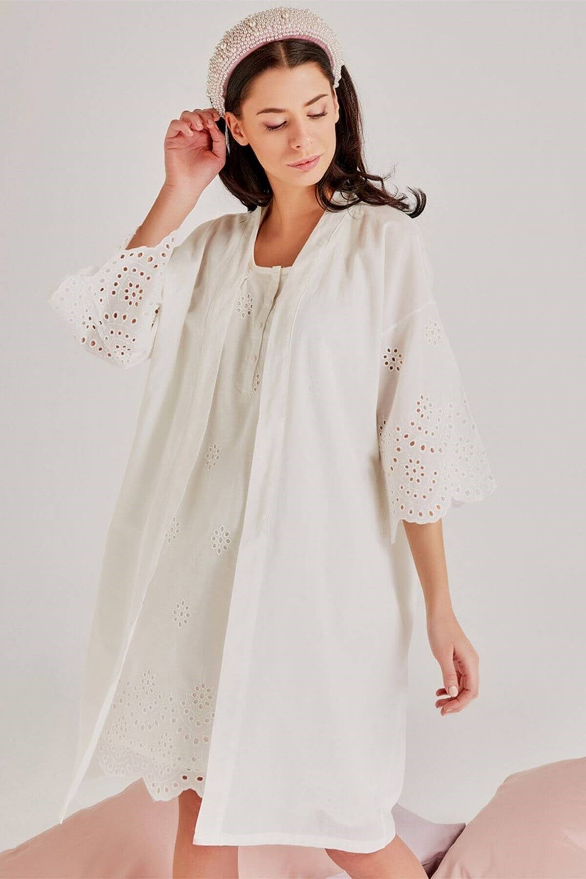 Magic Form 30108 Ekru Sabahlıklı Hamile Lohusa Gecelik Takımı