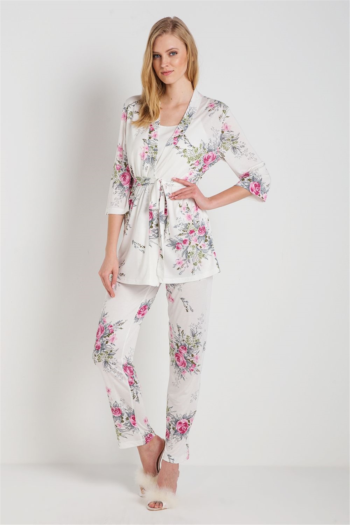 Magic Form 32630 Kadın Ekru Penye 3lü Sabahlıklı Pijama Takım