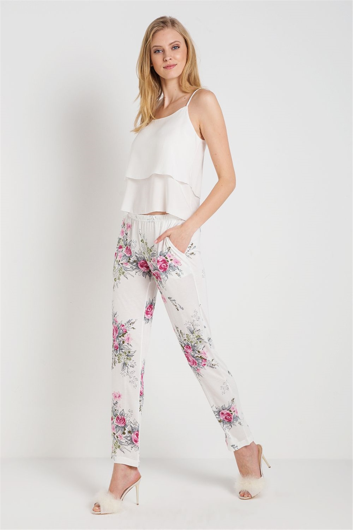 Magic Form 32630 Kadın Ekru Penye 3lü Sabahlıklı Pijama Takım