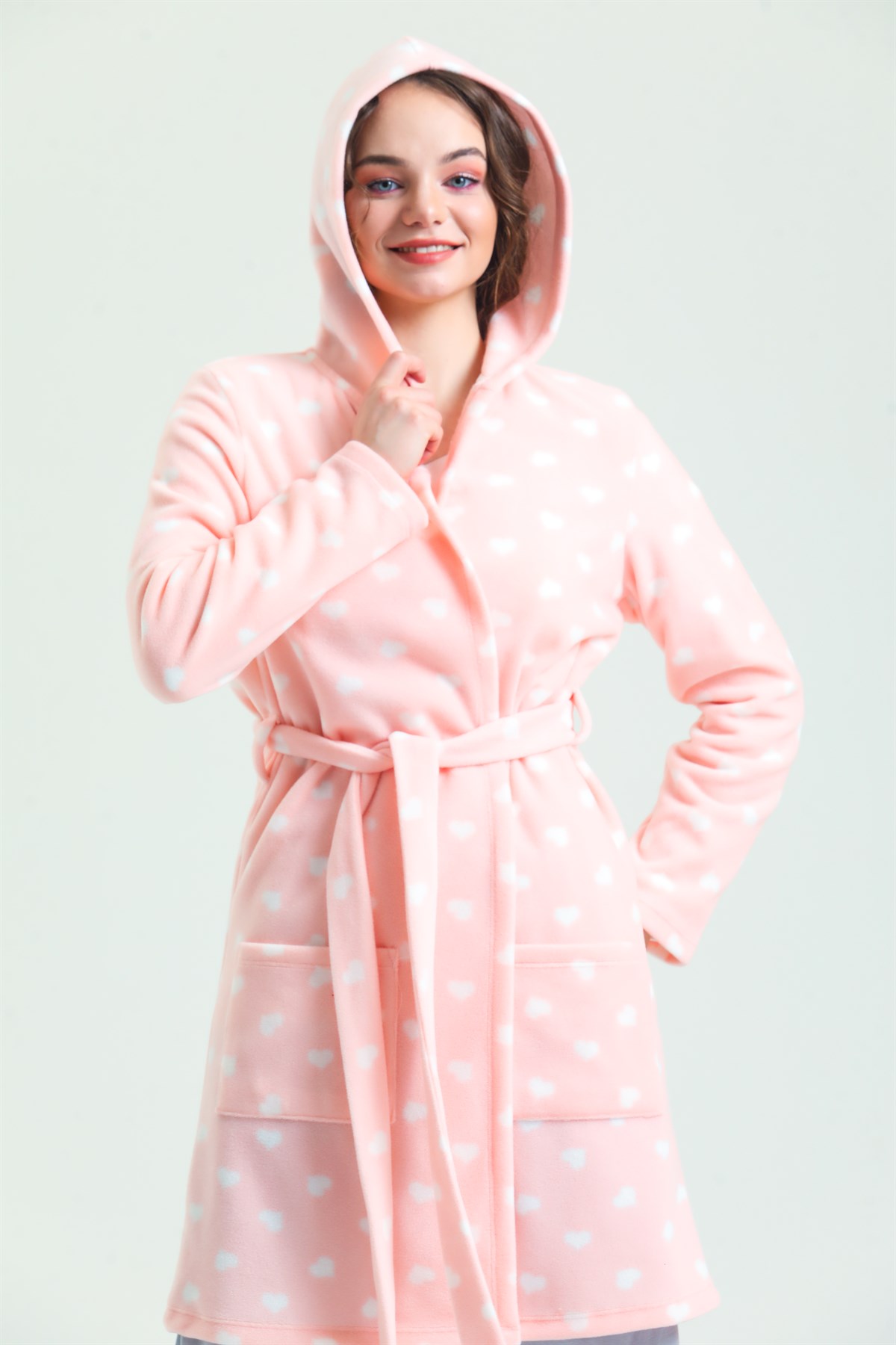 Magic Form 35252 Kadın Pembe Kapüşonlu Polar Sabahlık(Kapüşonu Astarsız)