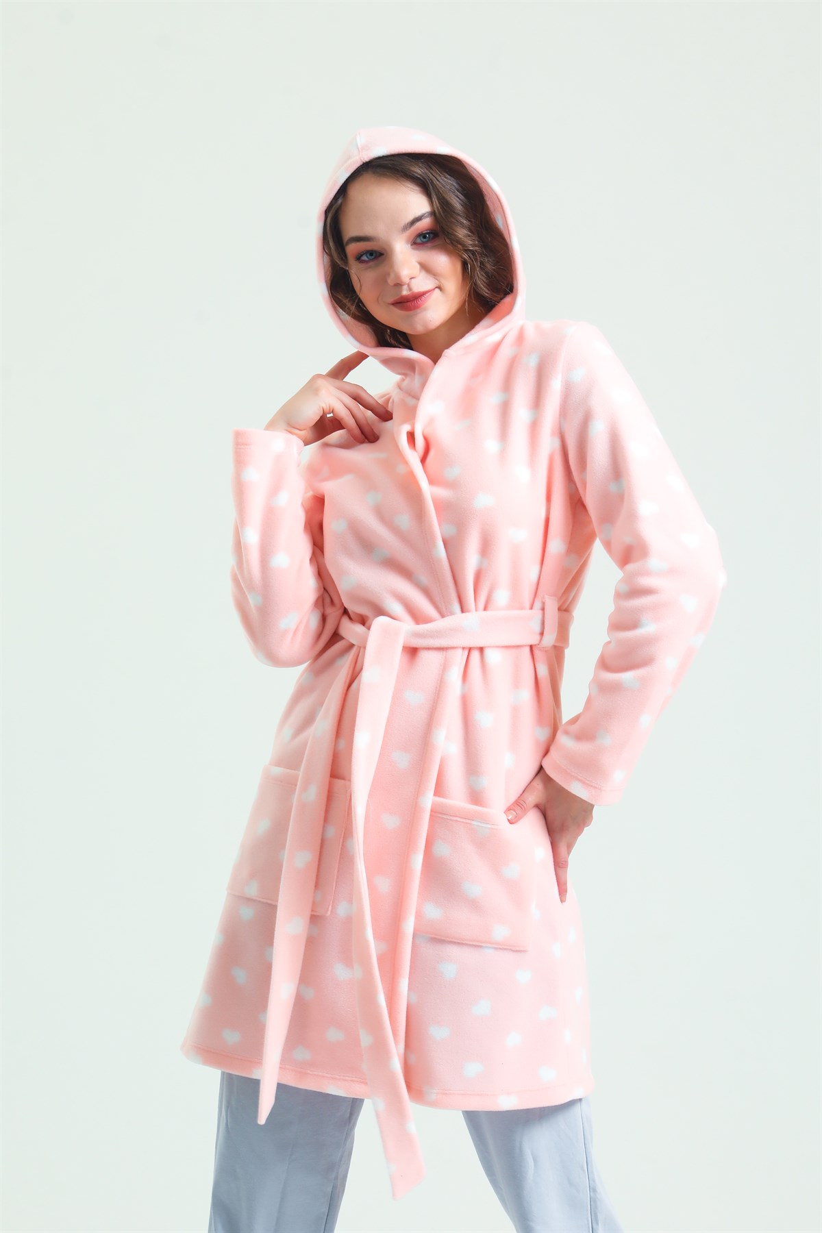 Magic Form 35252 Kadın Pembe Kapüşonlu Polar Sabahlık(Kapüşonu Astarsız)