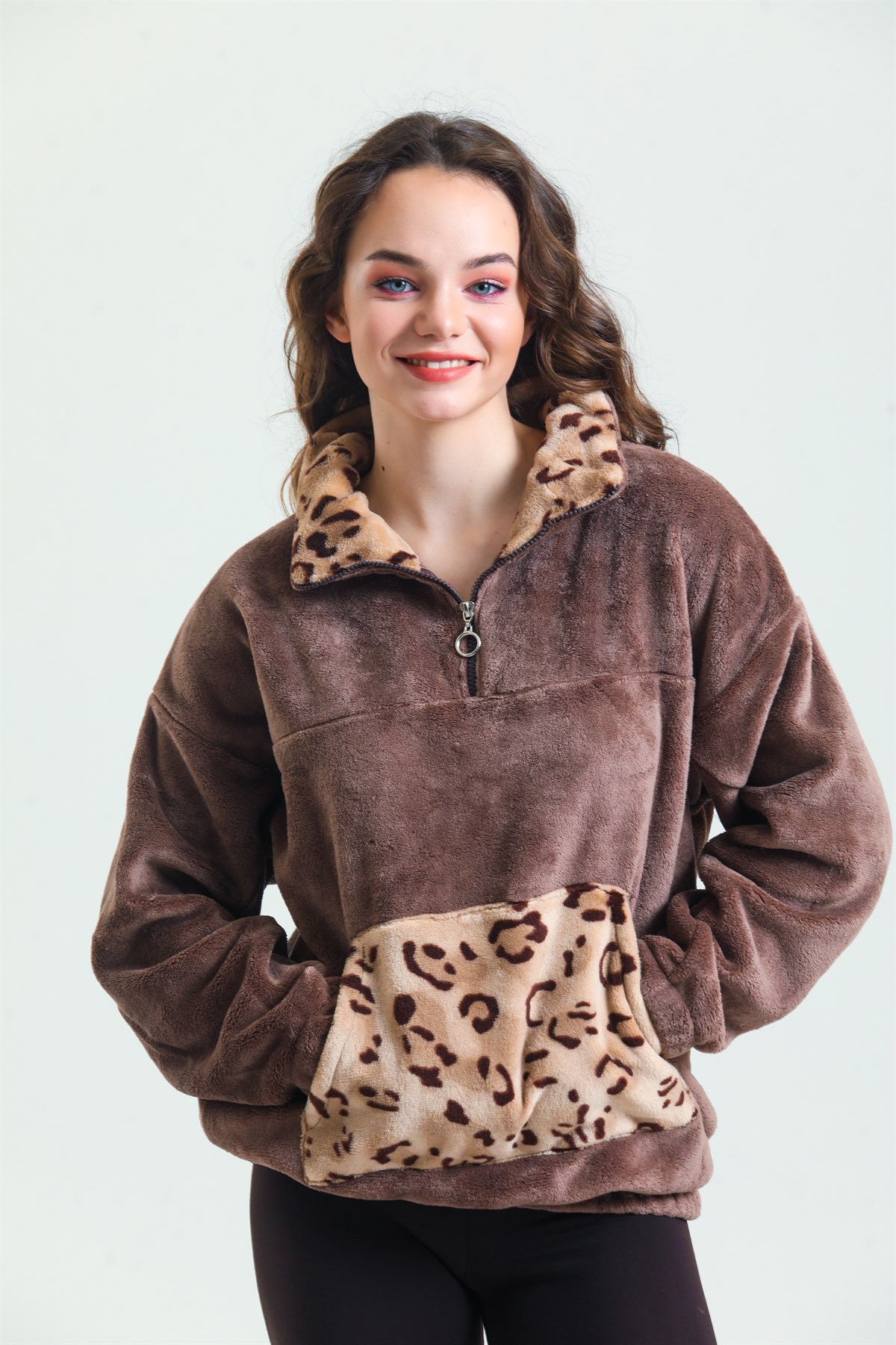 Magic Form 37285 Kadın Kahve Fermuarlı Polar Pijama Üst