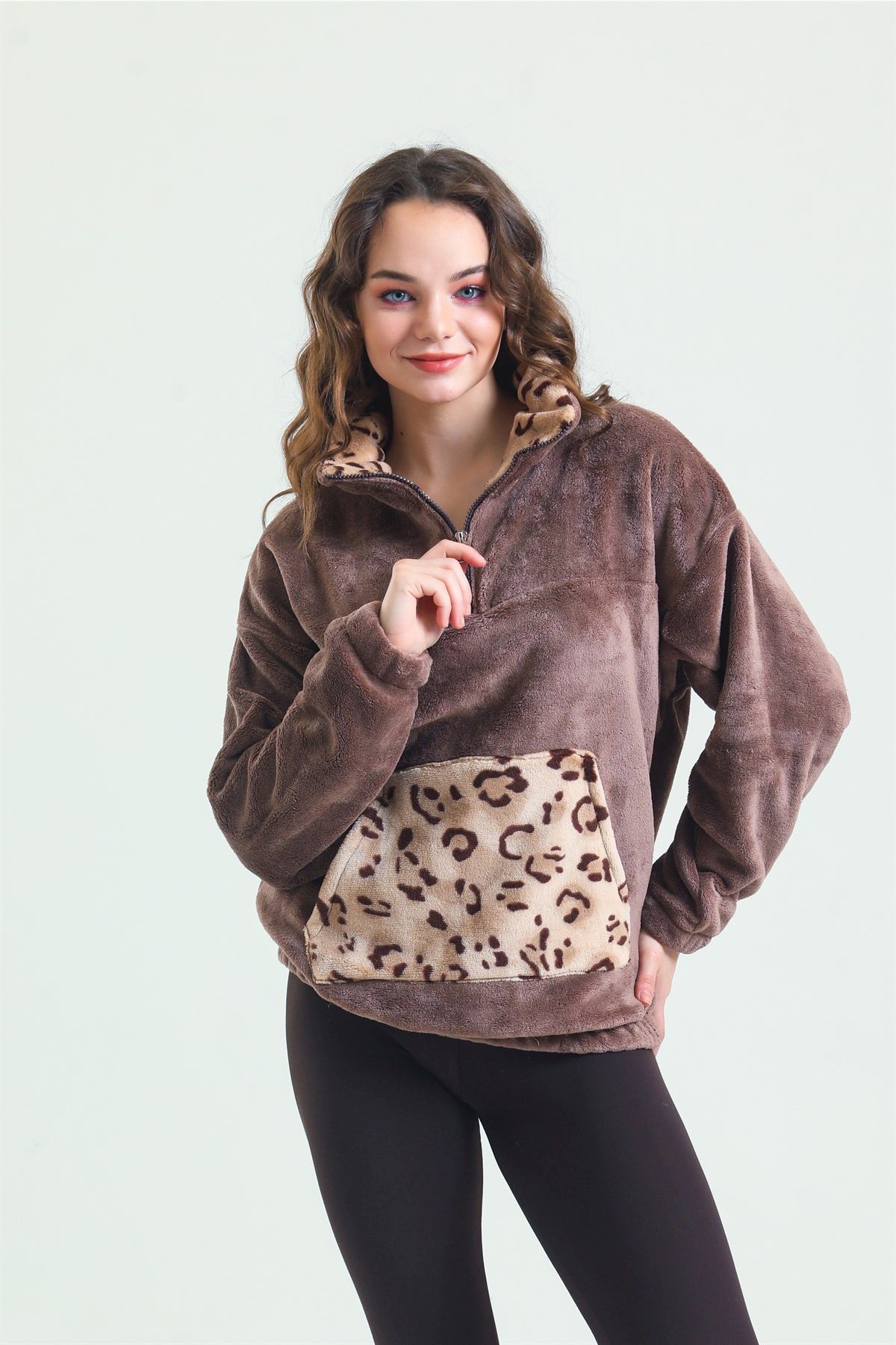 Magic Form 37285 Kadın Kahve Fermuarlı Polar Pijama Üst