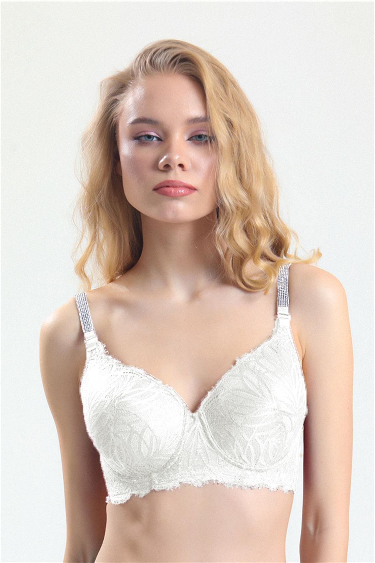 Magic Form 5985 Kadın Ekru Askısı Taşlı Dantelli Büyük Beden Sütyen