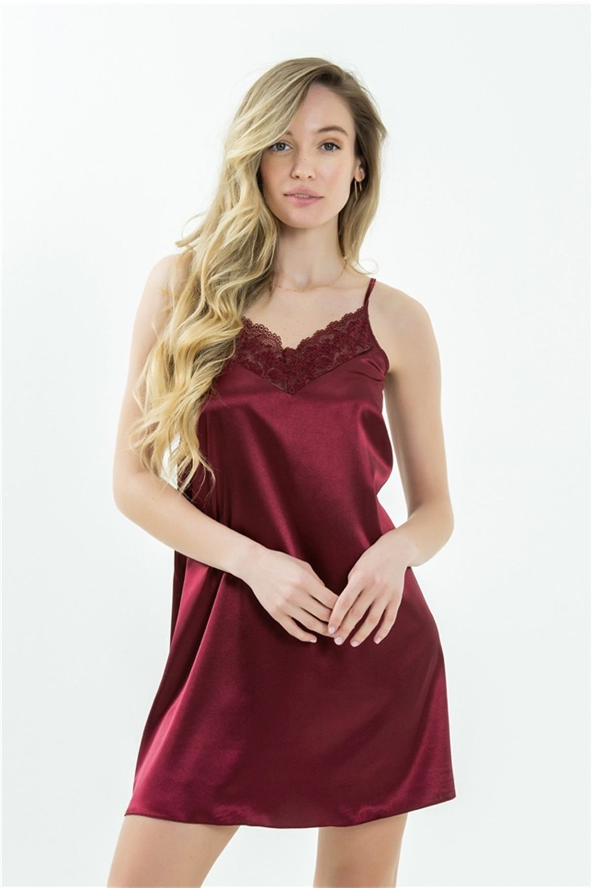 Magic Form 87430 Kadın Bordo Krep Saten Dantelli Gecelik