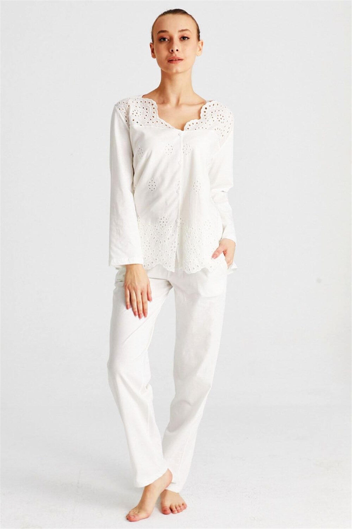 Magic Form Kadın Ekru Pamuklu Uzun Kol Lohusa Pijama Takımı 17108