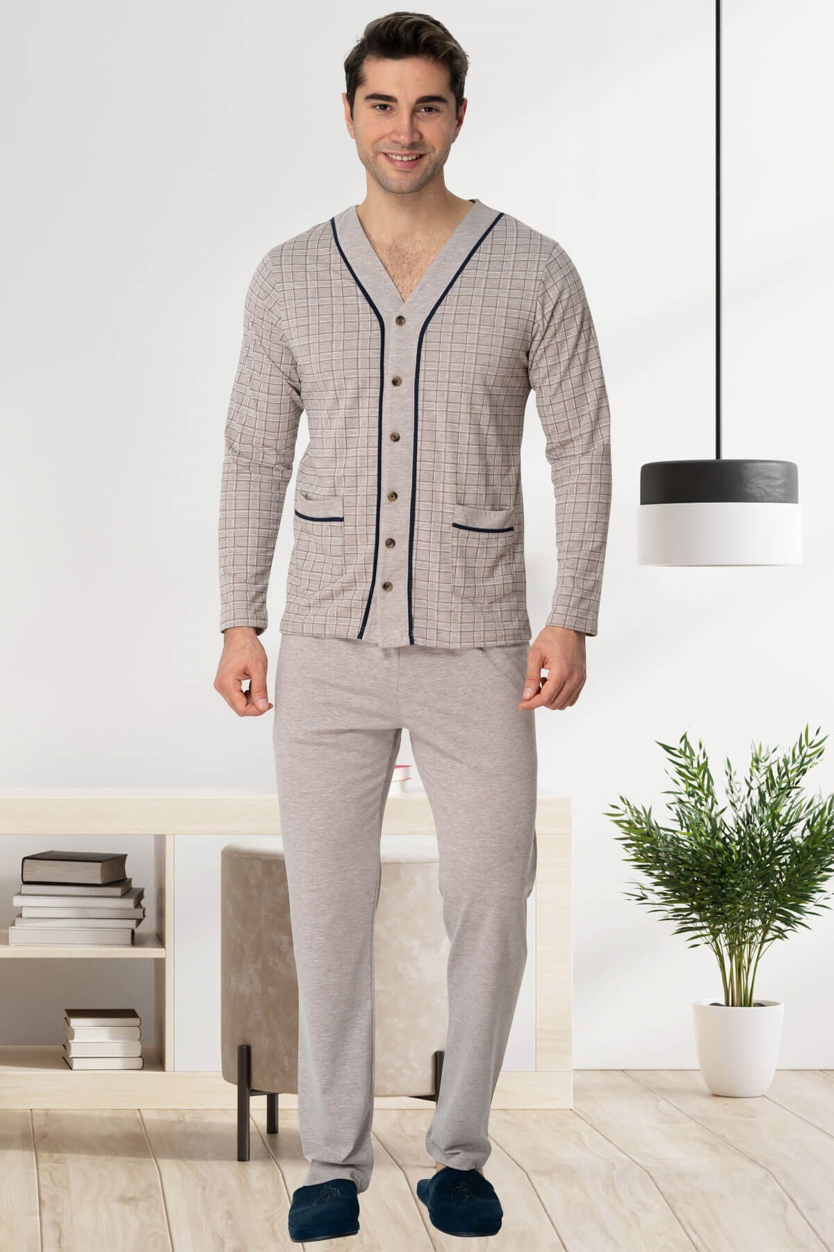 Mecit 22767 Kahve Önden Düğmeli Büyük Beden Erkek Pijama Takımı