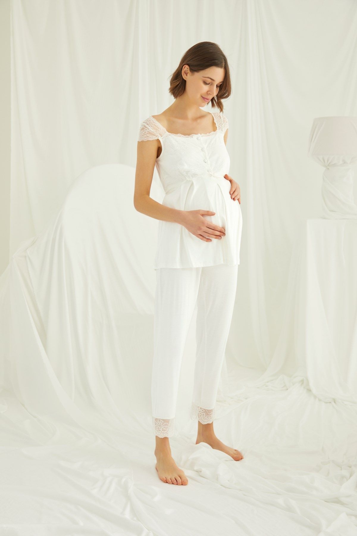 Monamise 18203 Kadın Ekru Hamile Lohusa 3lü Sabahlık Pijama Takım