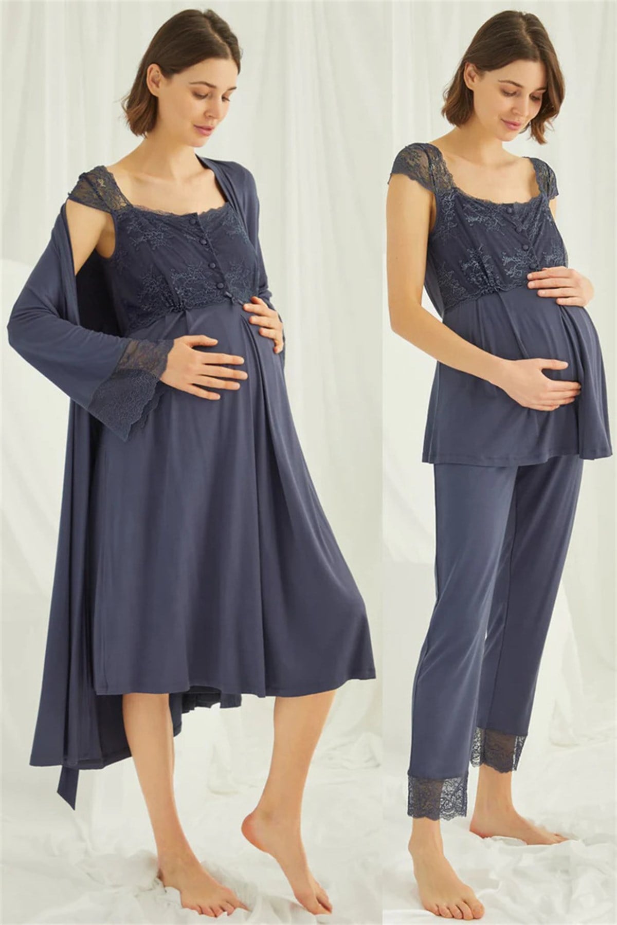 Monamise 18210305 Kadın Lacivert Hamile Lohusa Seti Sabahlık Gecelik Pijama Takım