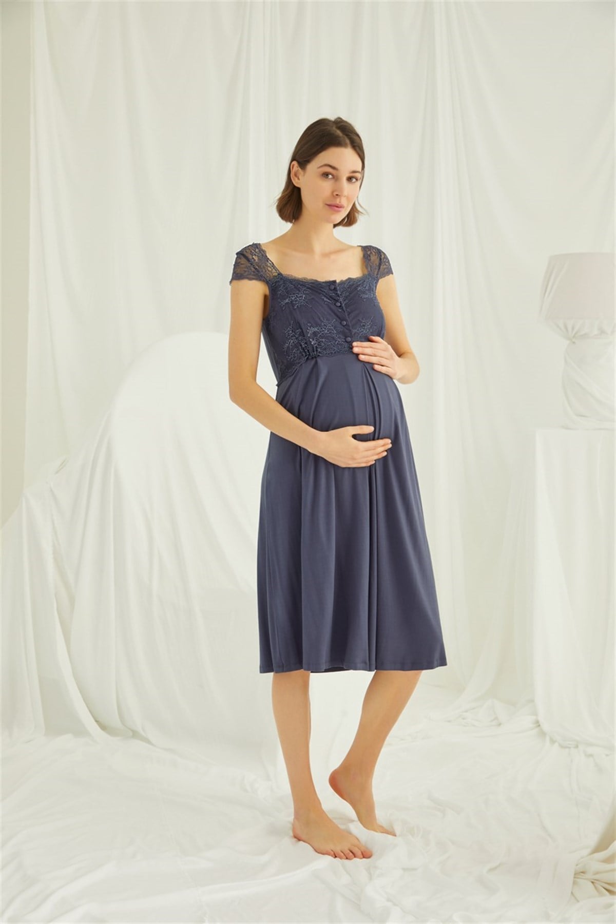 Monamise 18210305 Kadın Lacivert Hamile Lohusa Seti Sabahlık Gecelik Pijama Takım