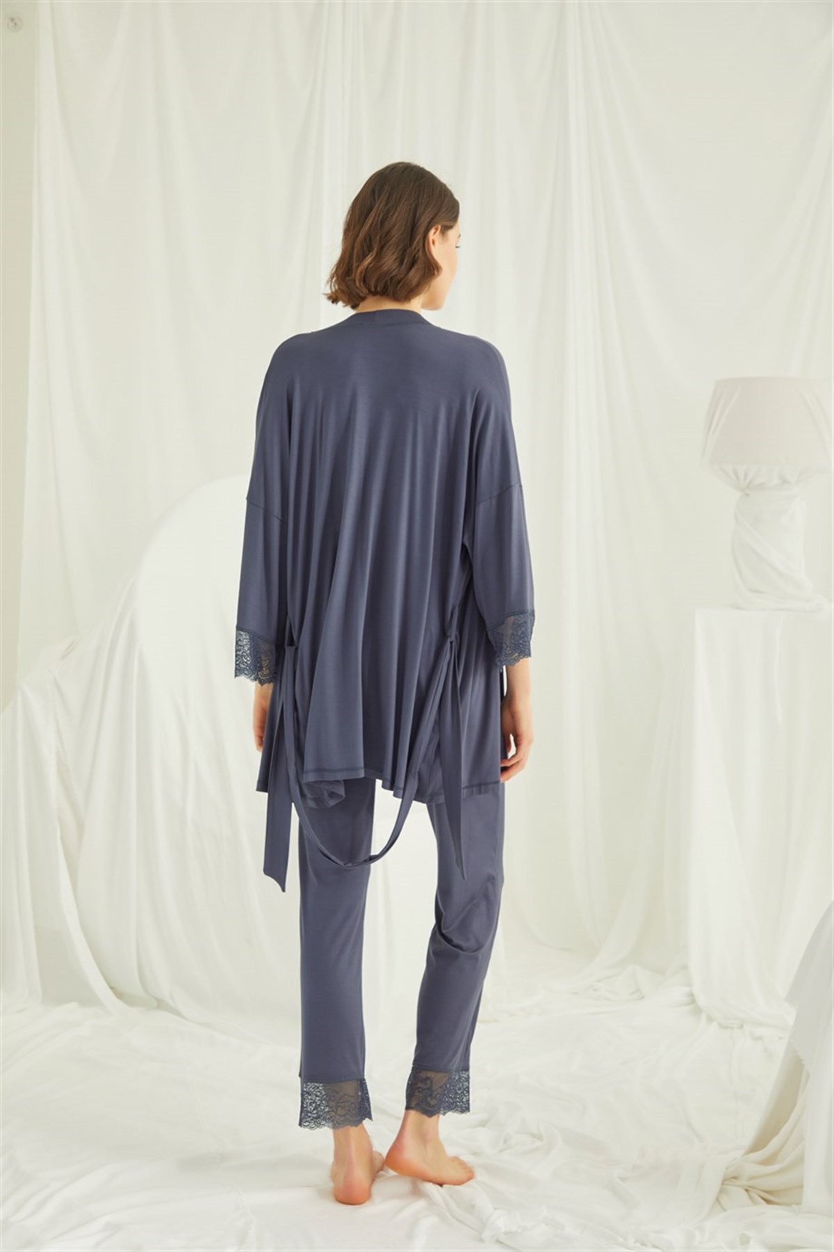 Monamise 18432453 Kadın Lacivert Hamile Lohusa Seti Sabahlık Gecelik Pijama Takım